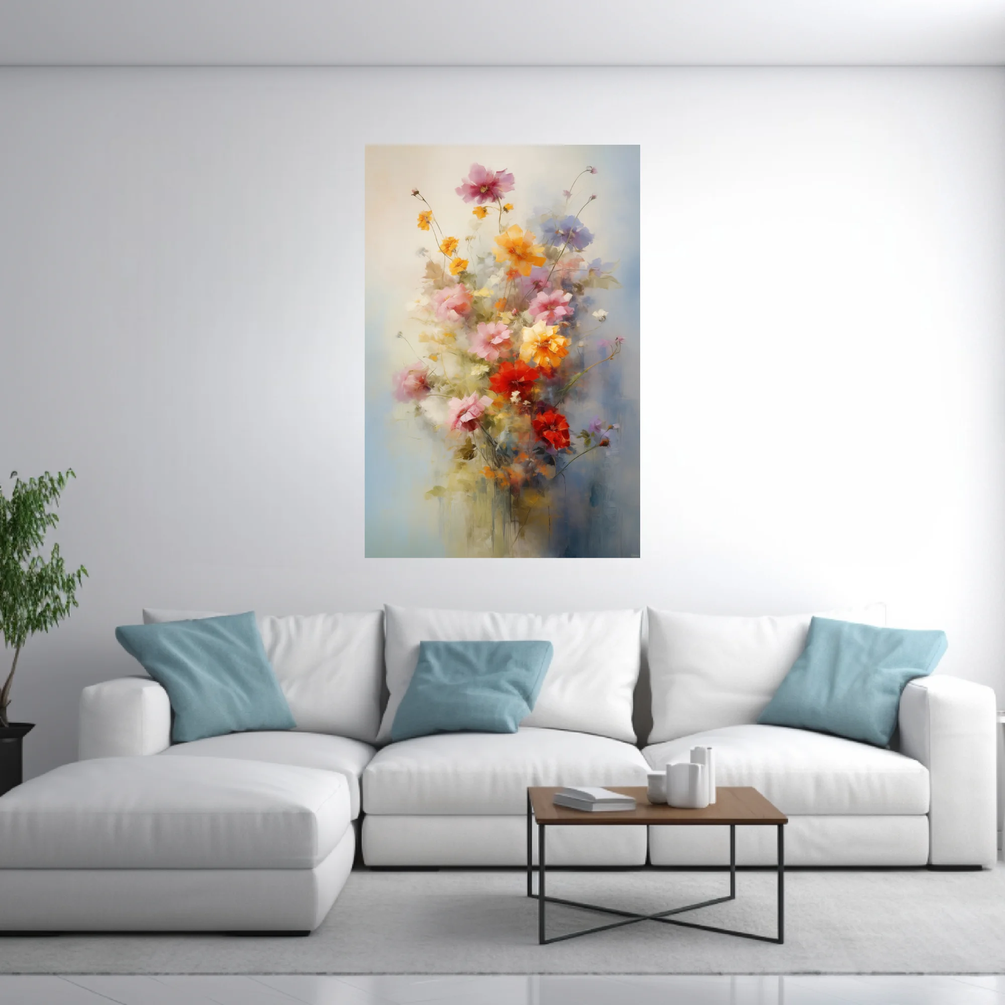 Painterly floral bouquet in pink, yellow, and red with soft-focus strokes
