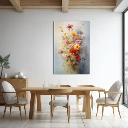Painterly floral bouquet in pink, yellow, and red with soft-focus strokes