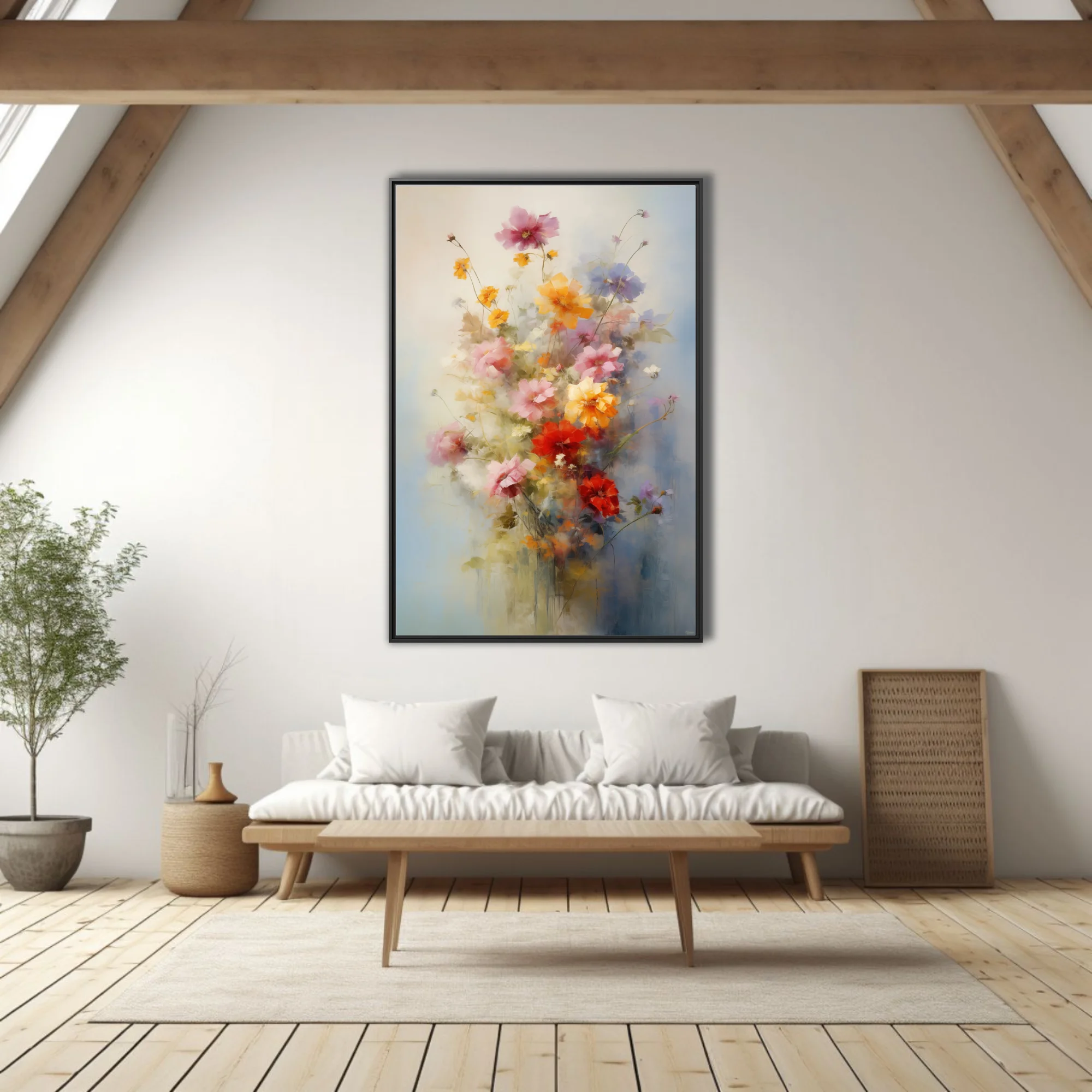 Painterly floral bouquet in pink, yellow, and red with soft-focus strokes