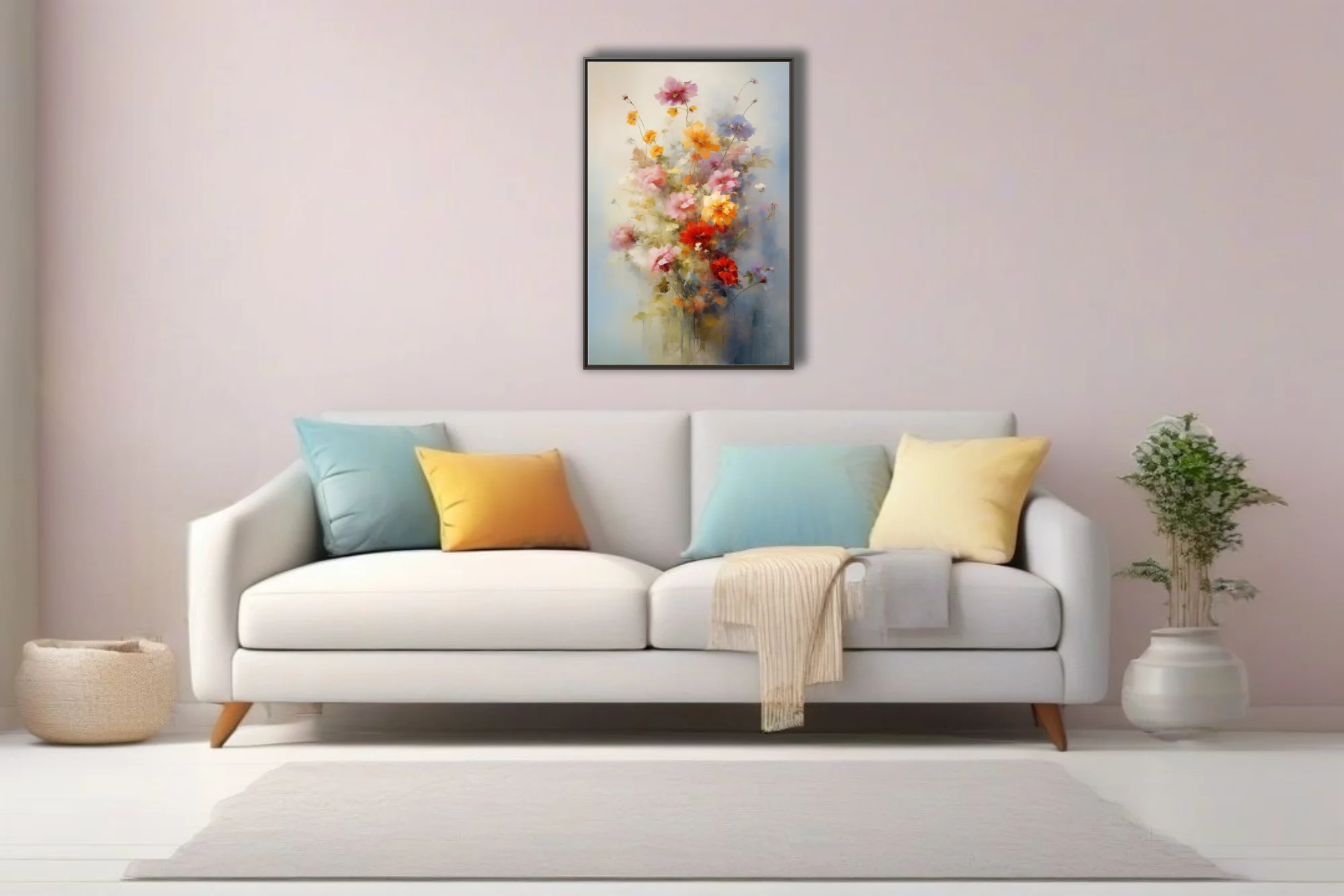 Painterly floral bouquet in pink, yellow, and red with soft-focus strokes