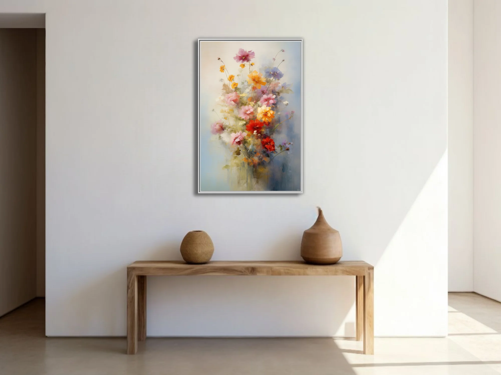Painterly floral bouquet in pink, yellow, and red with soft-focus strokes