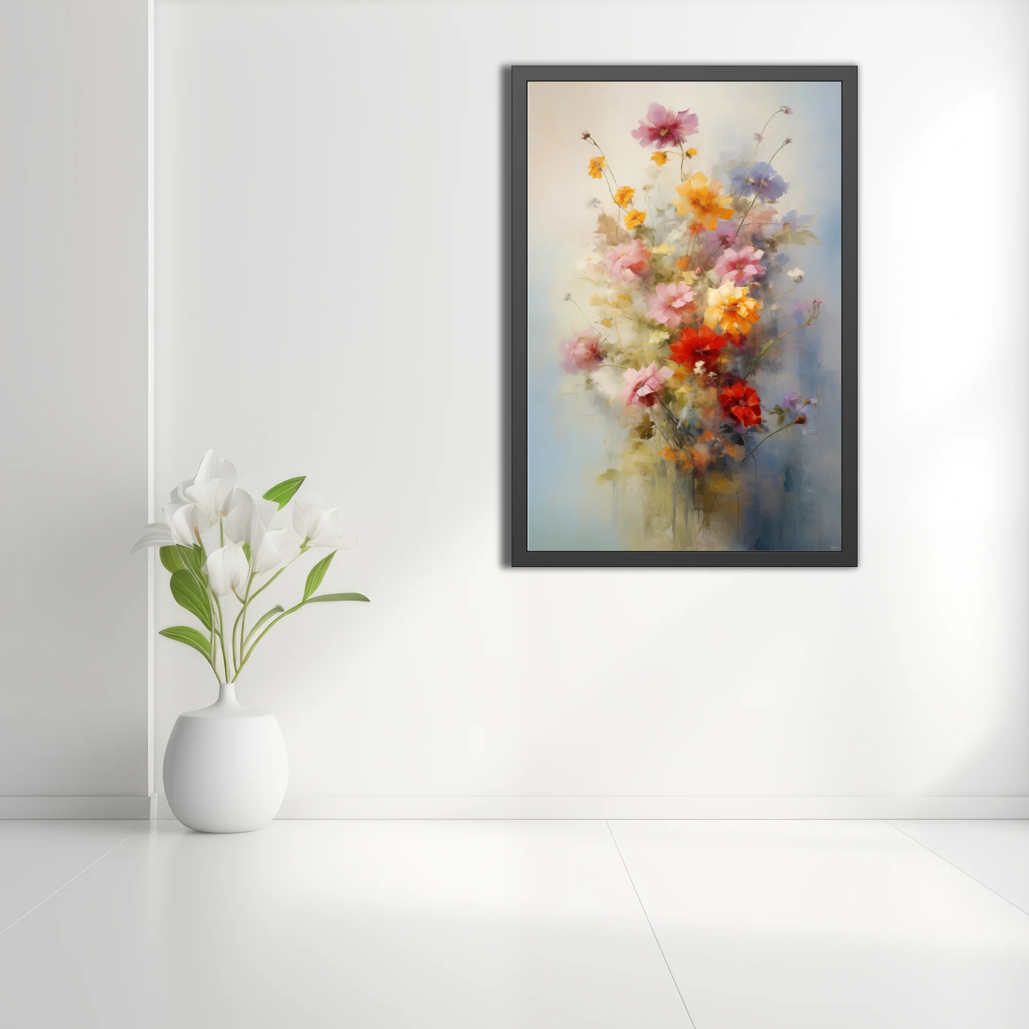 Painterly floral bouquet in pink, yellow, and red with soft-focus strokes