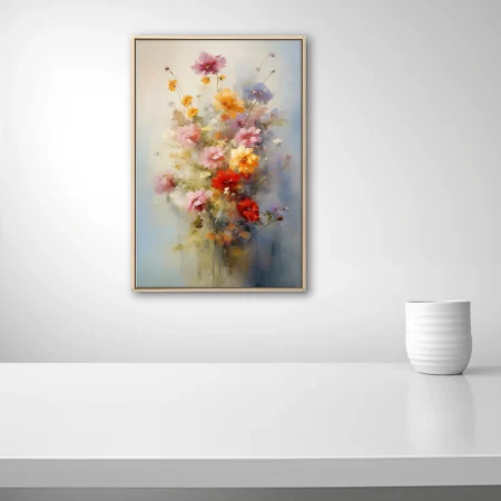 Painterly floral bouquet in pink, yellow, and red with soft-focus strokes