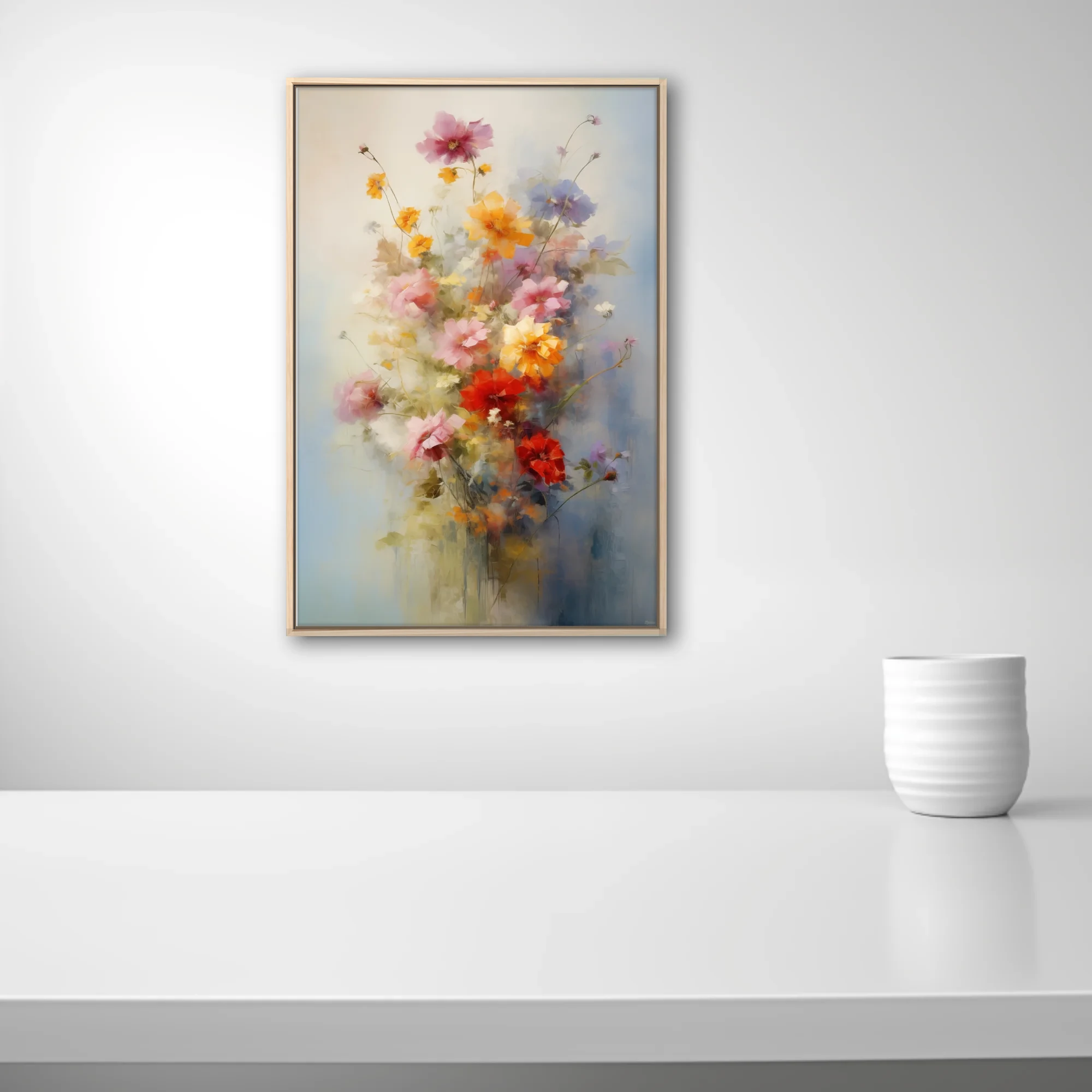 Painterly floral bouquet in pink, yellow, and red with soft-focus strokes
