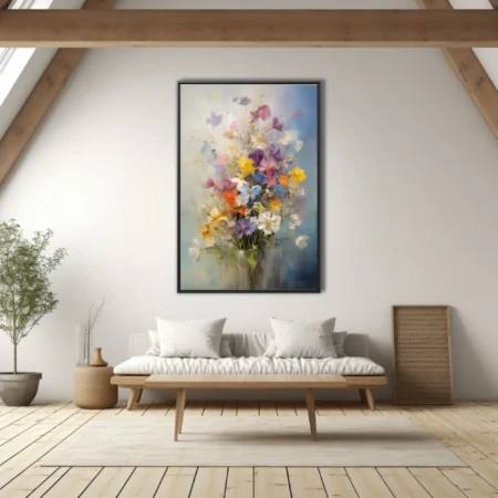 Painterly wildflower bouquet still life with vibrant pastel blooms and soft atmospheric background
