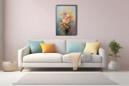 Painterly floral bouquet in pastel pinks, yellows, and blues with
