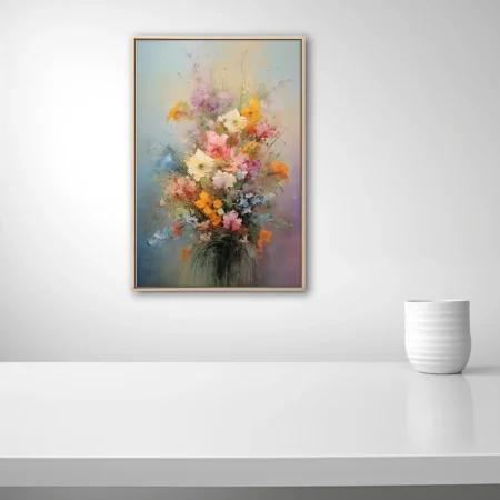 Painterly floral bouquet in pastel pinks, yellows, and blues with