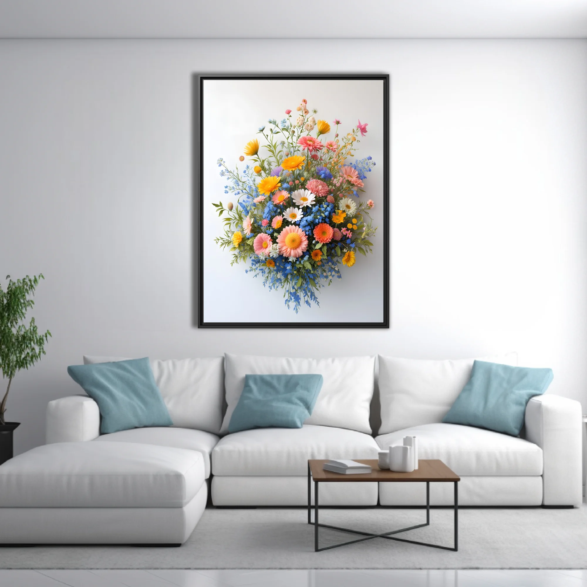 Wildflower bouquet with gerberas and blue forget-me-nots on white