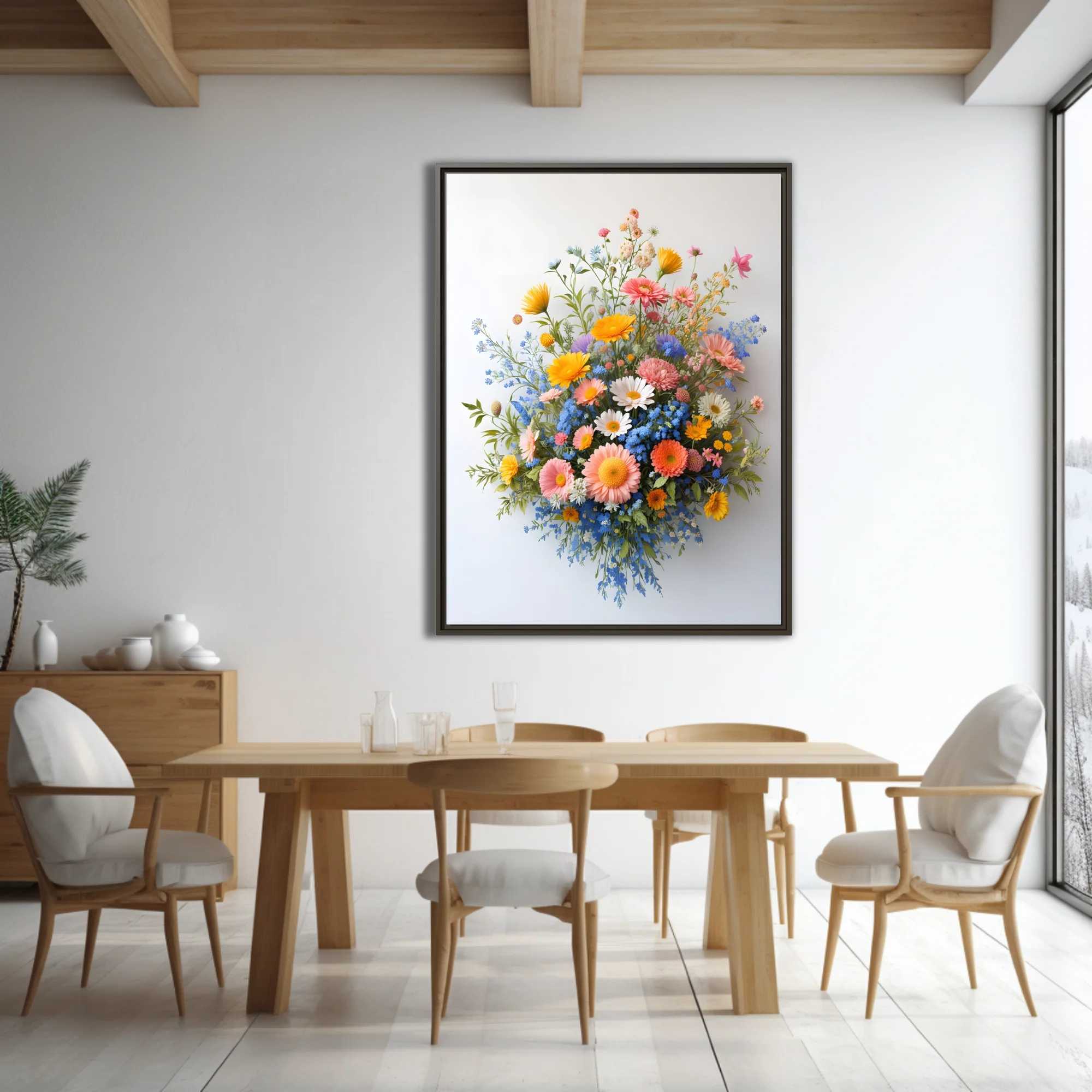 Wildflower bouquet with gerberas and blue forget-me-nots on white