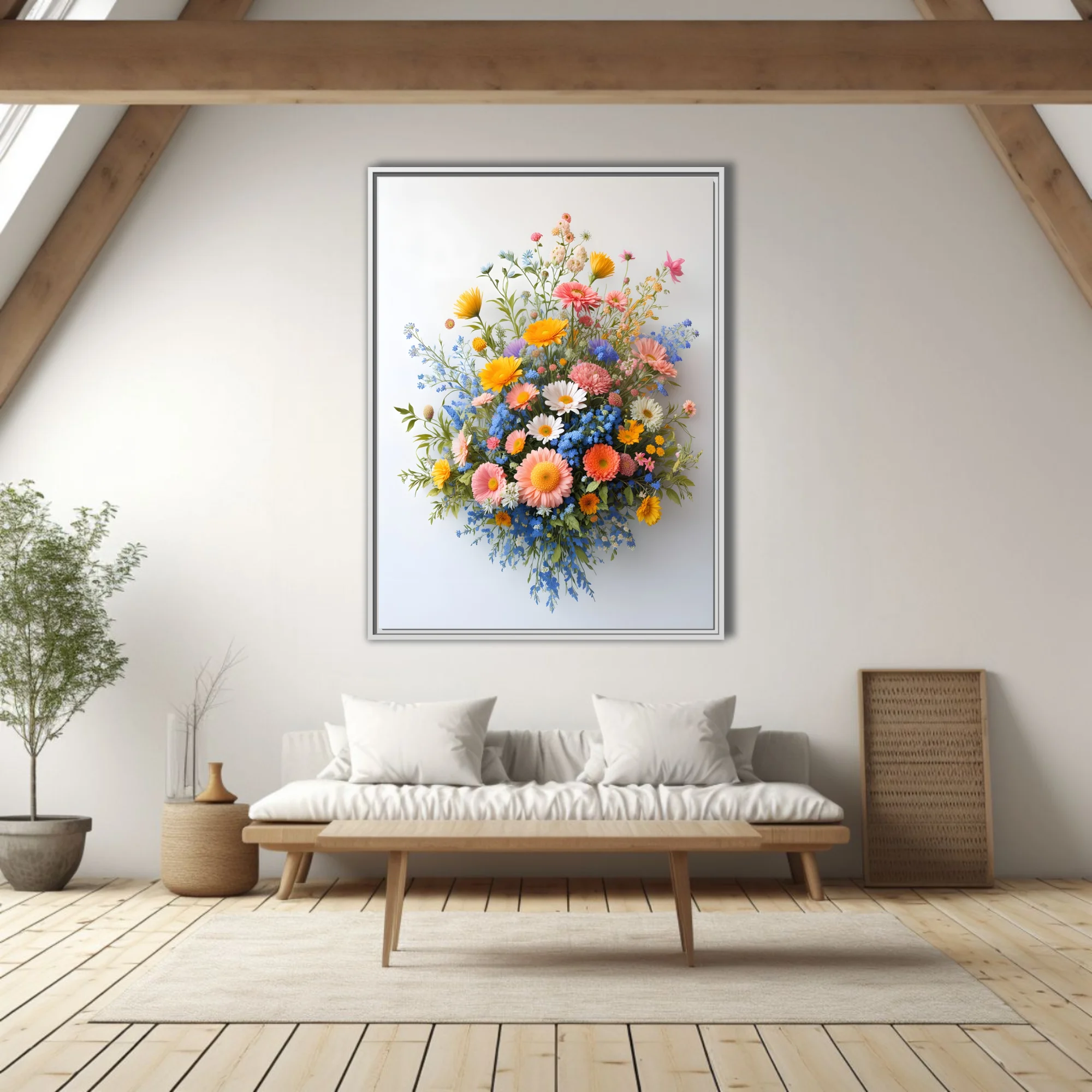 Wildflower bouquet with gerberas and blue forget-me-nots on white