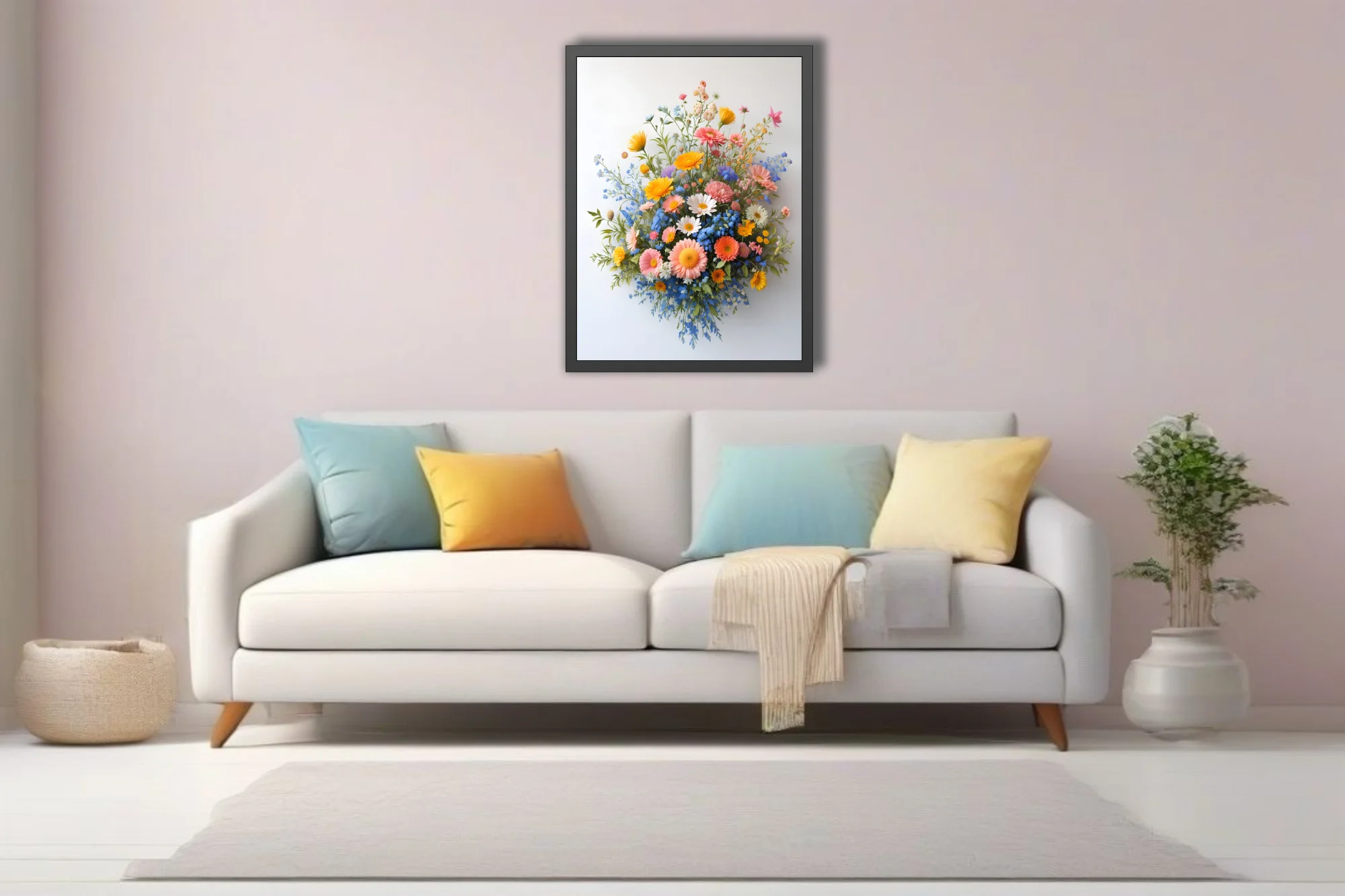 Wildflower bouquet with gerberas and blue forget-me-nots on white