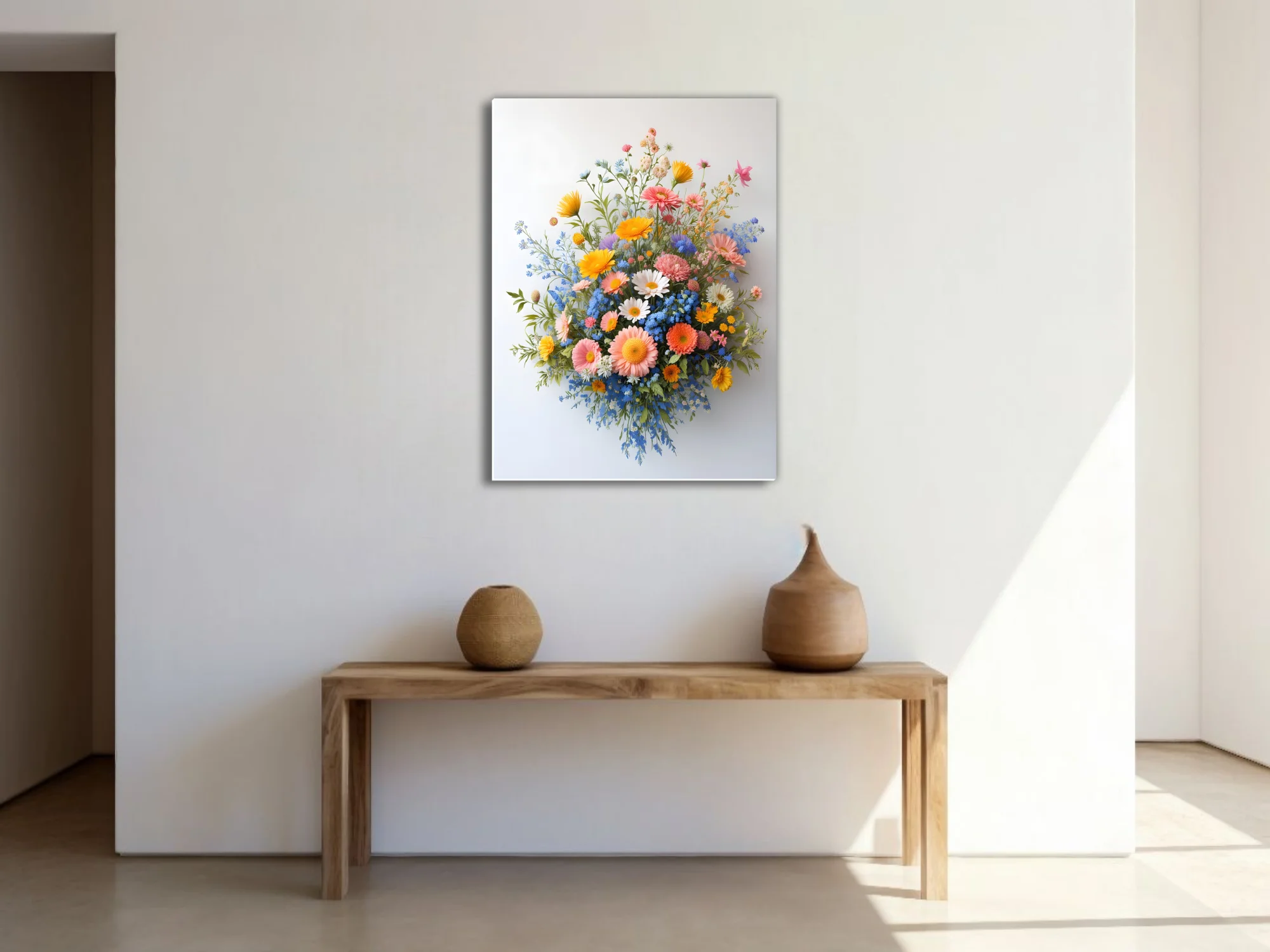 Wildflower bouquet with gerberas and blue forget-me-nots on white