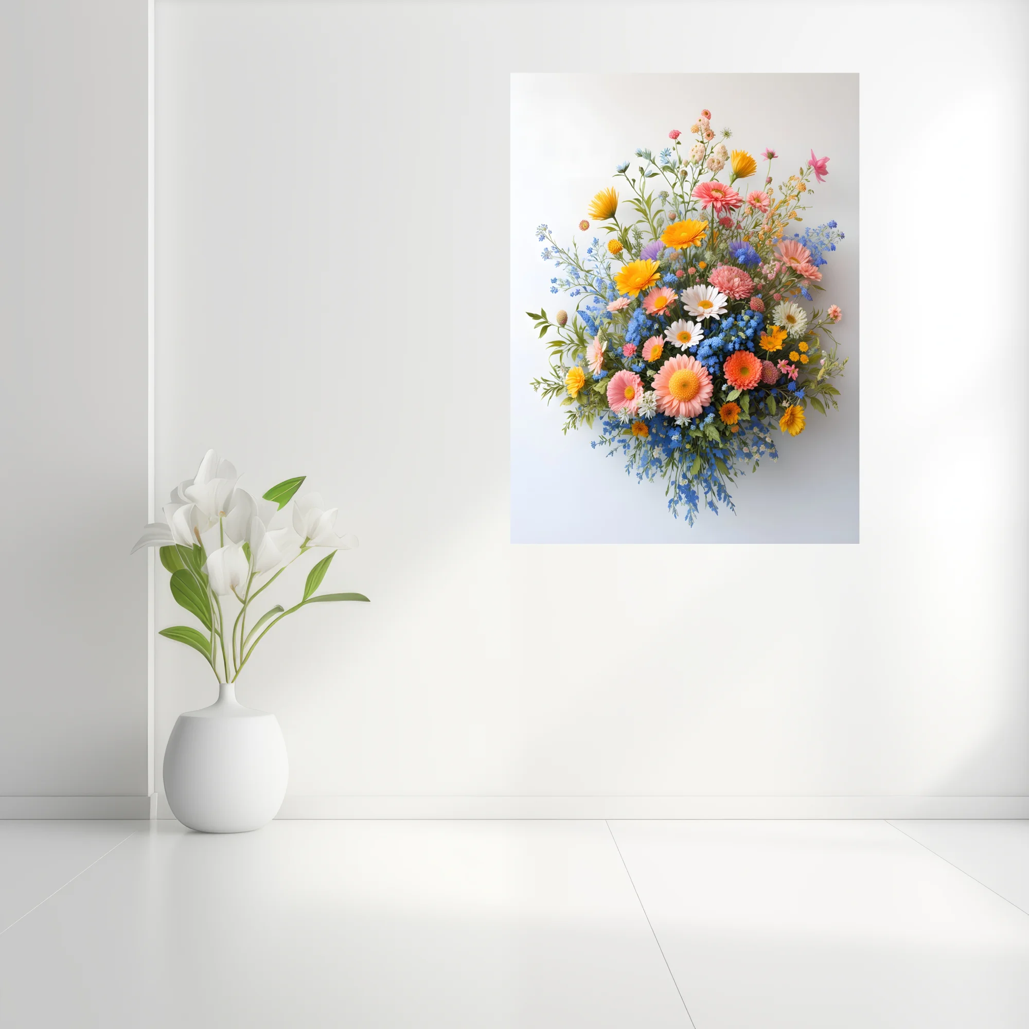 Wildflower bouquet with gerberas and blue forget-me-nots on white