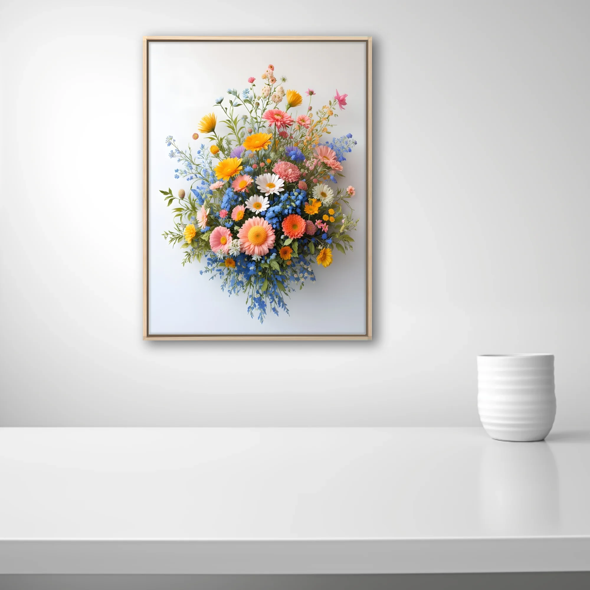 Wildflower bouquet with gerberas and blue forget-me-nots on white
