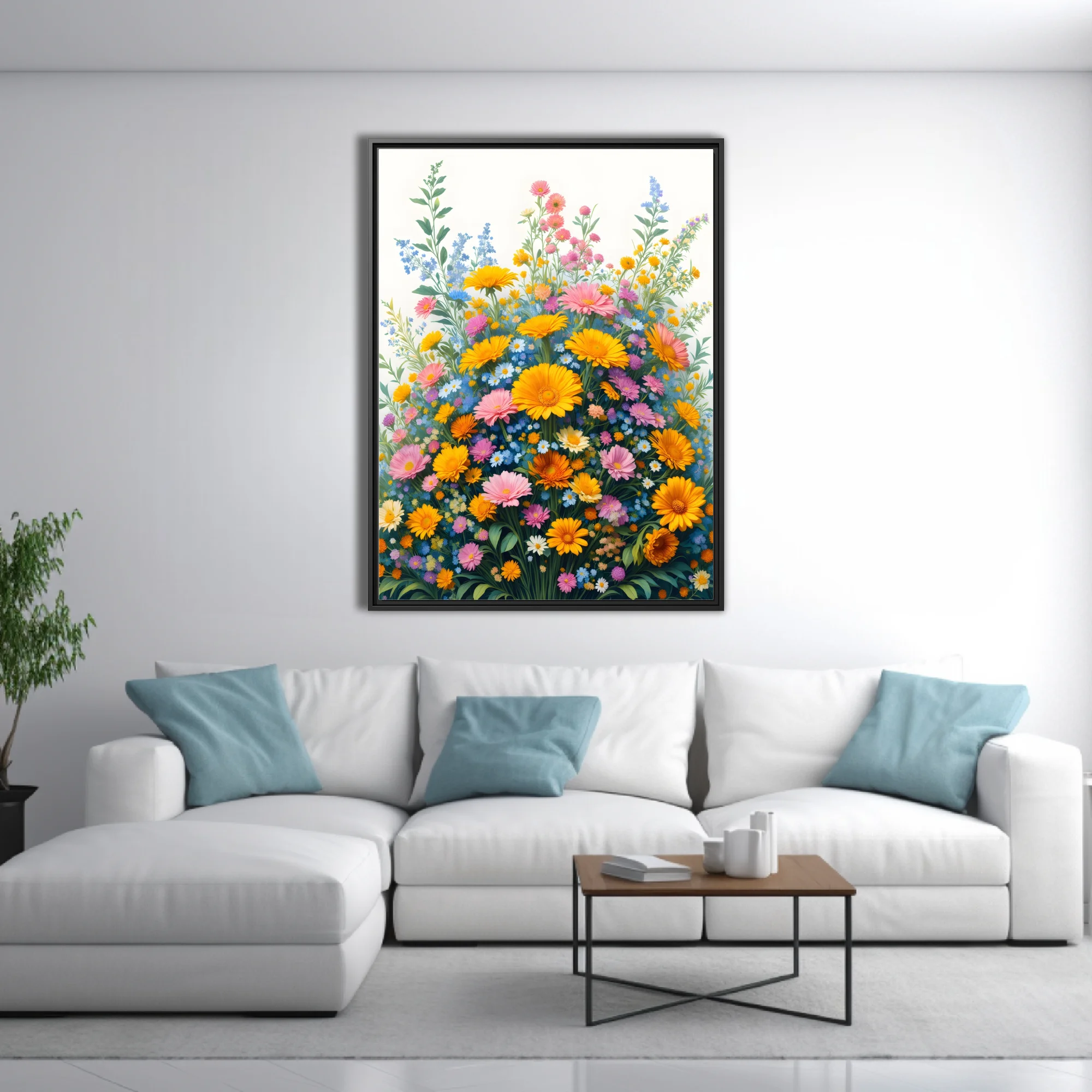 Vibrant botanical floral illustration with yellow, pink, and blue wildflowers