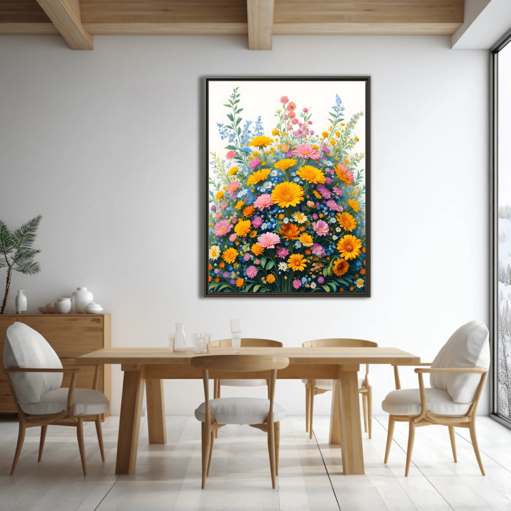 Vibrant botanical floral illustration with yellow, pink, and blue wildflowers
