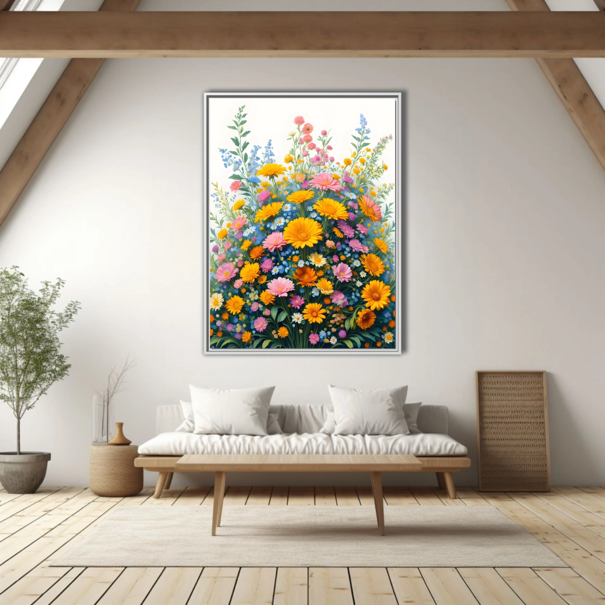 Vibrant botanical floral illustration with yellow, pink, and blue wildflowers