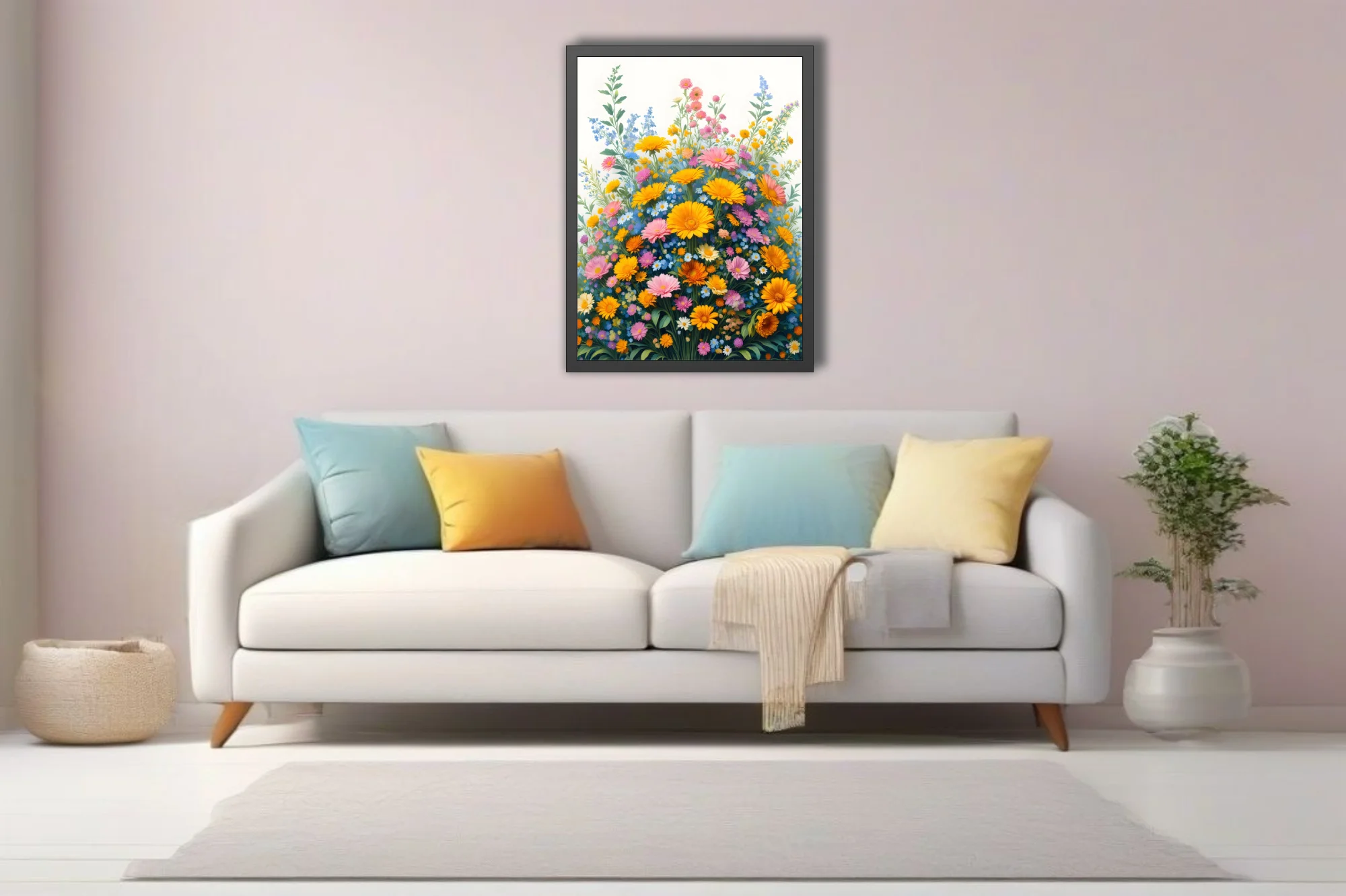 Vibrant botanical floral illustration with yellow, pink, and blue wildflowers