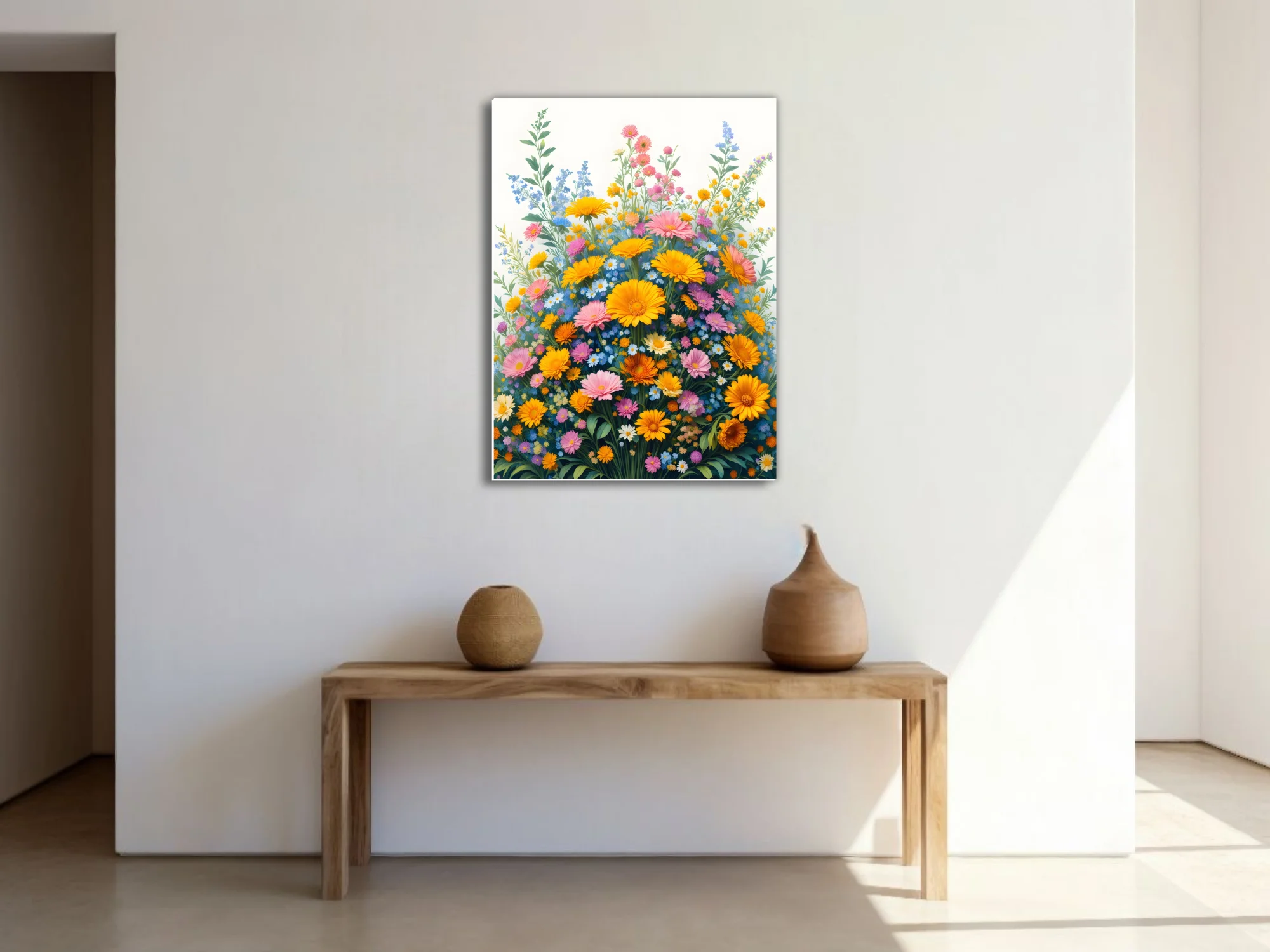 Vibrant botanical floral illustration with yellow, pink, and blue wildflowers