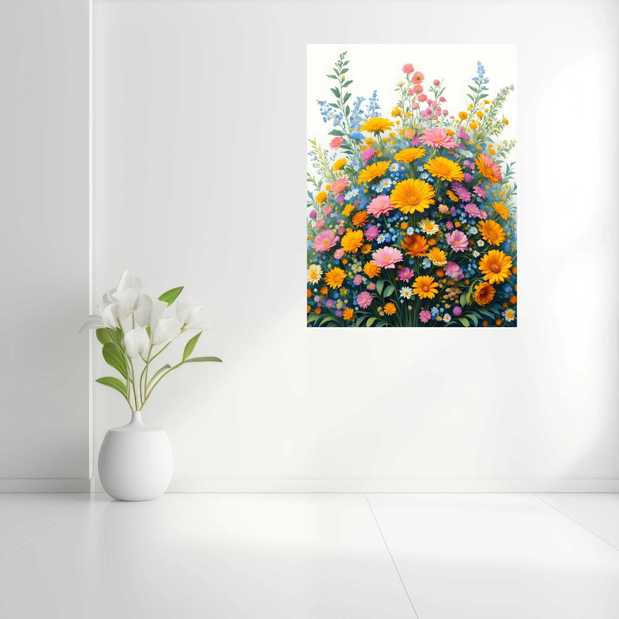Vibrant botanical floral illustration with yellow, pink, and blue wildflowers