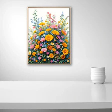 Vibrant botanical floral illustration with yellow, pink, and blue wildflowers