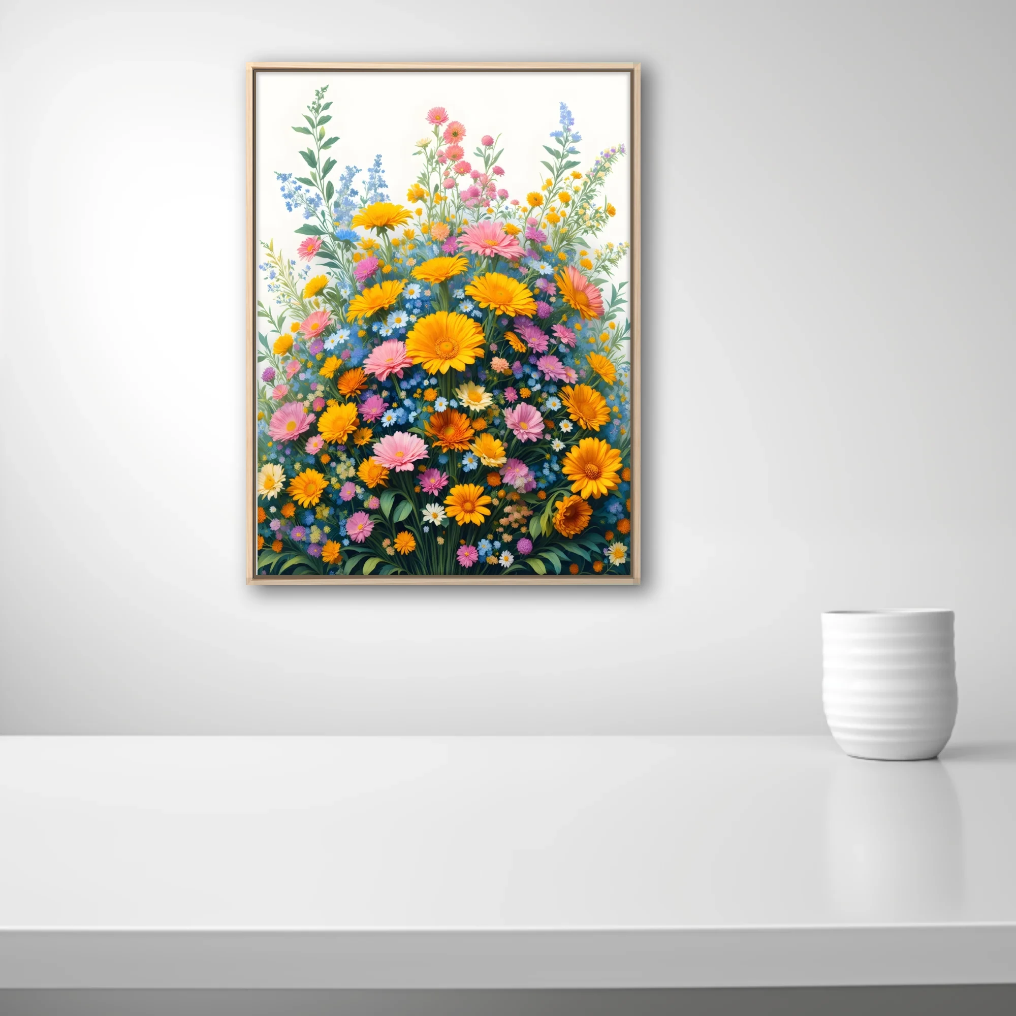 Vibrant botanical floral illustration with yellow, pink, and blue wildflowers