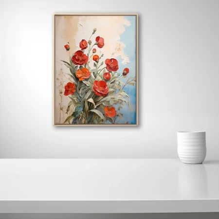 Expressive red and orange floral composition with sage foliage on textured background