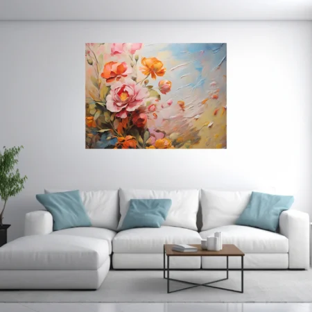 Painterly floral composition in coral, blush, and sky-blue with
