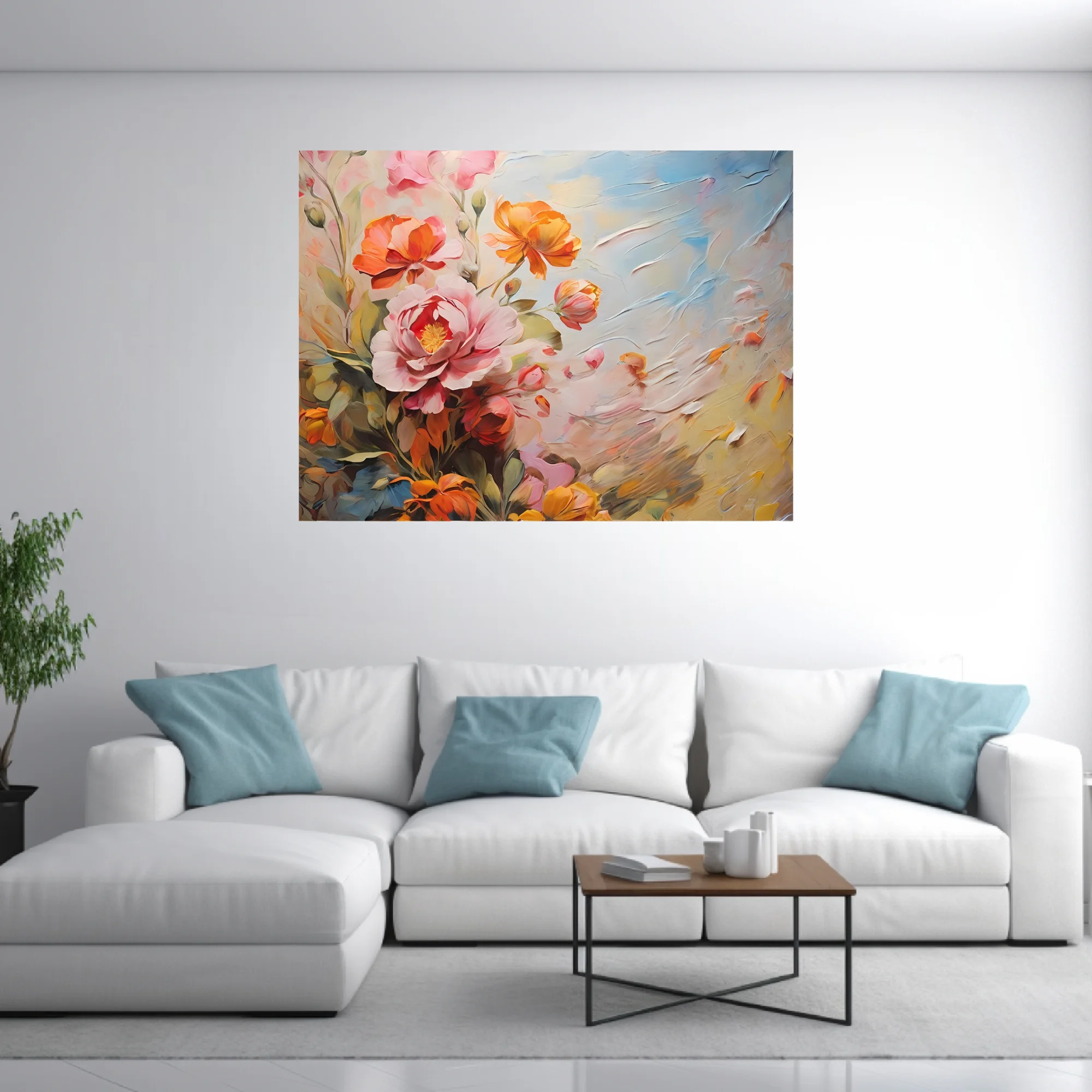 Painterly floral composition in coral, blush, and sky-blue with