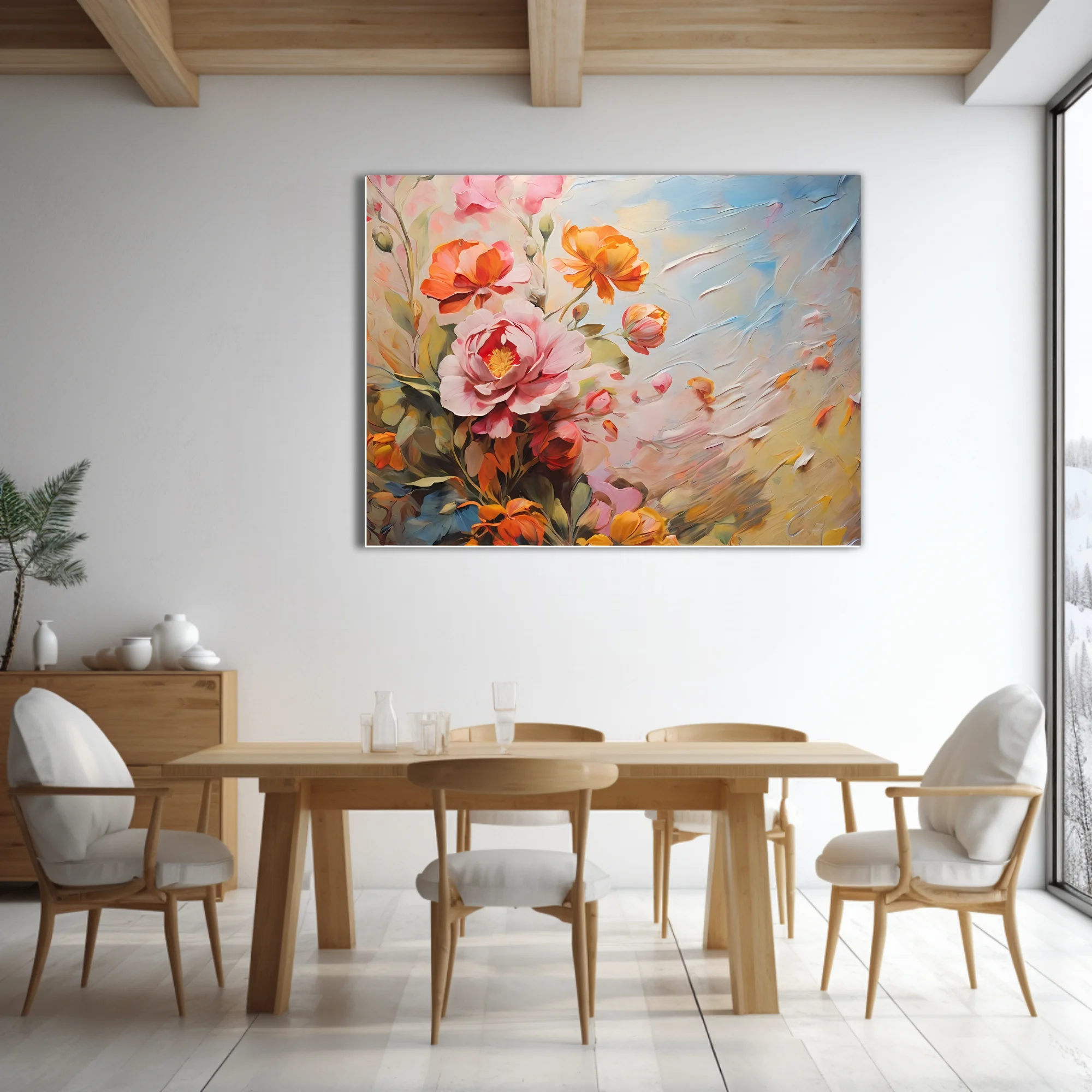 Painterly floral composition in coral, blush, and sky-blue with