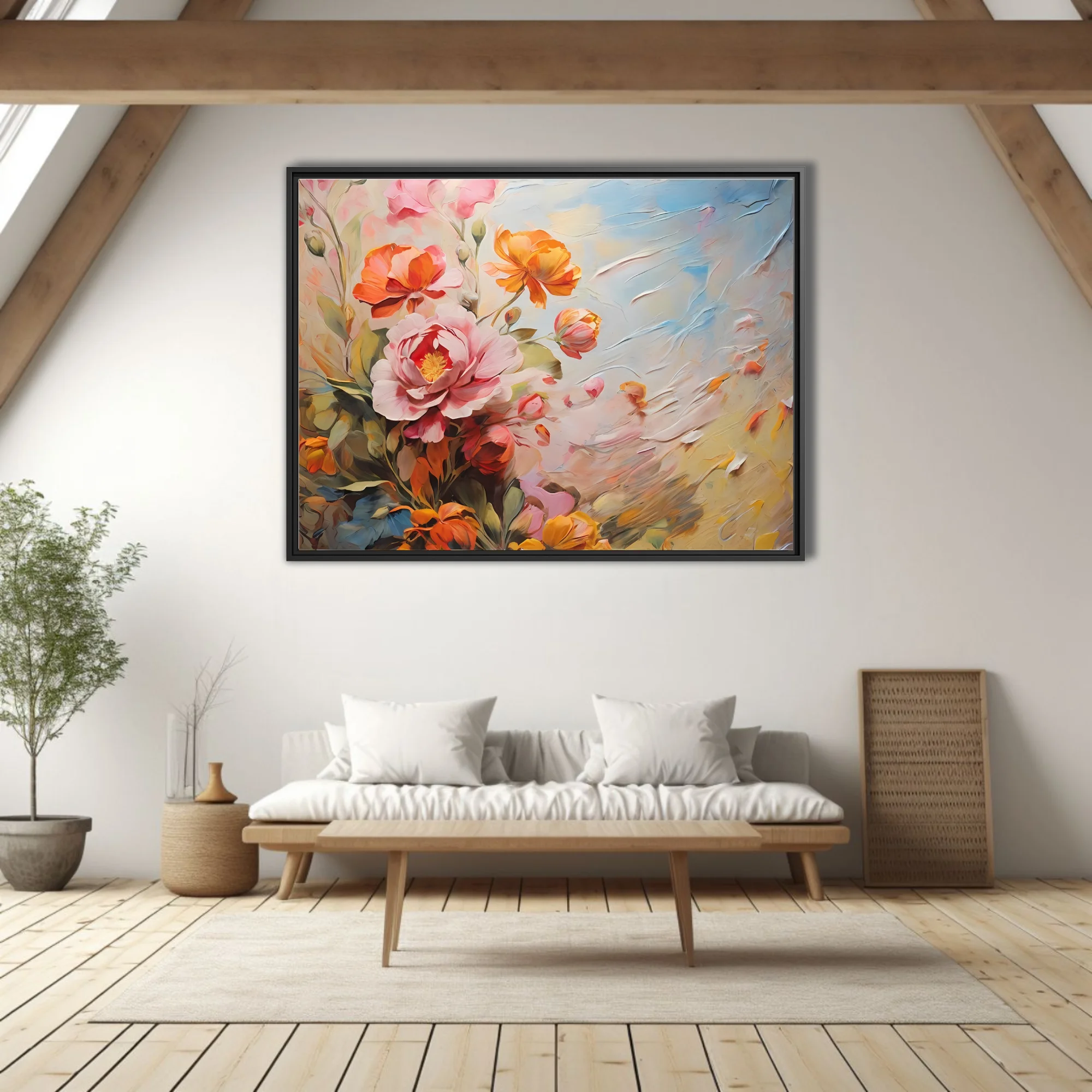 Painterly floral composition in coral, blush, and sky-blue with
