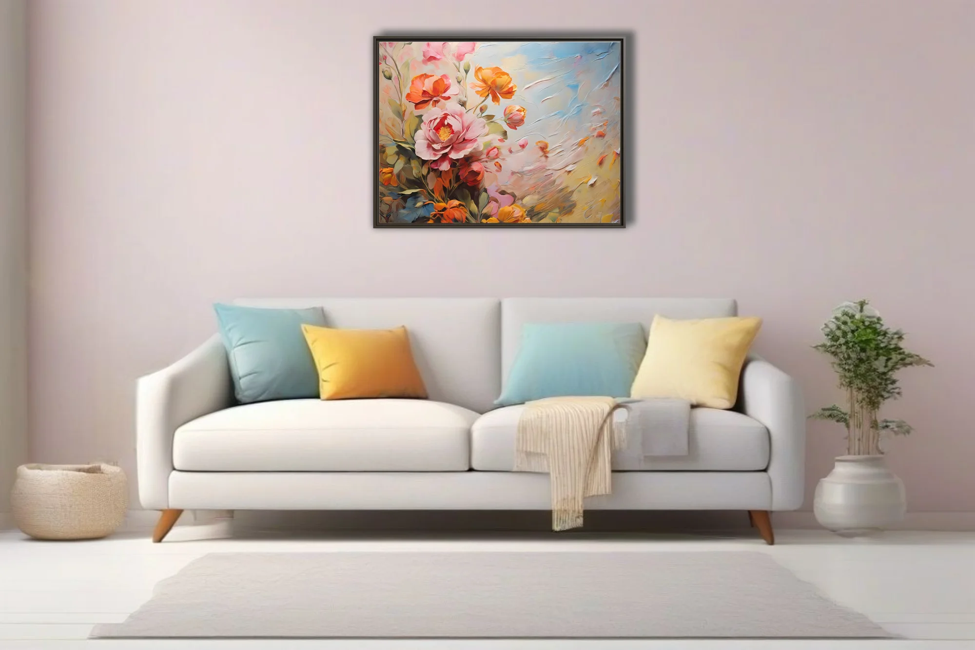 Painterly floral composition in coral, blush, and sky-blue with