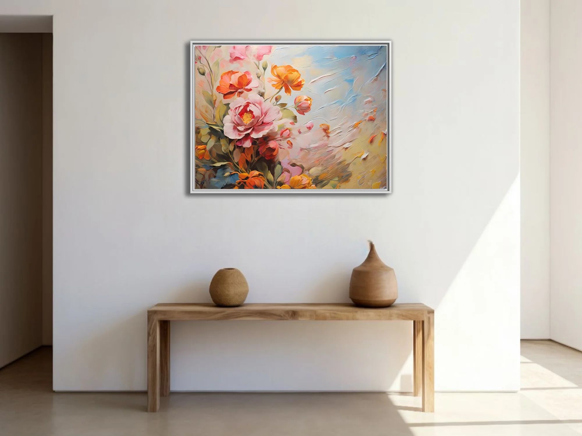 Painterly floral composition in coral, blush, and sky-blue with