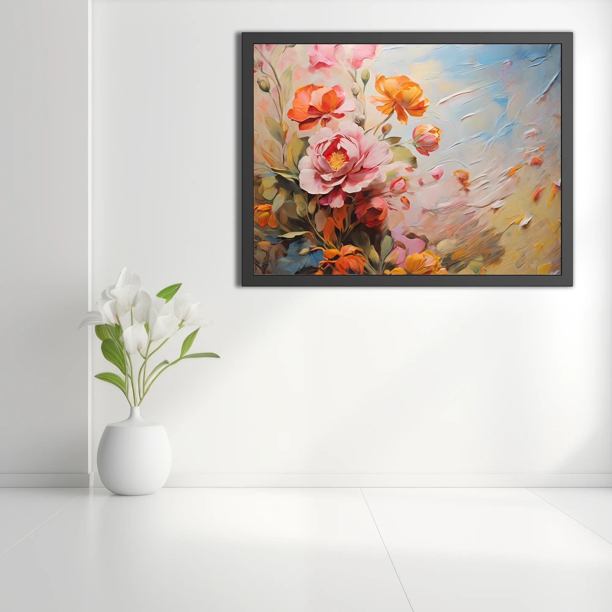 Painterly floral composition in coral, blush, and sky-blue with