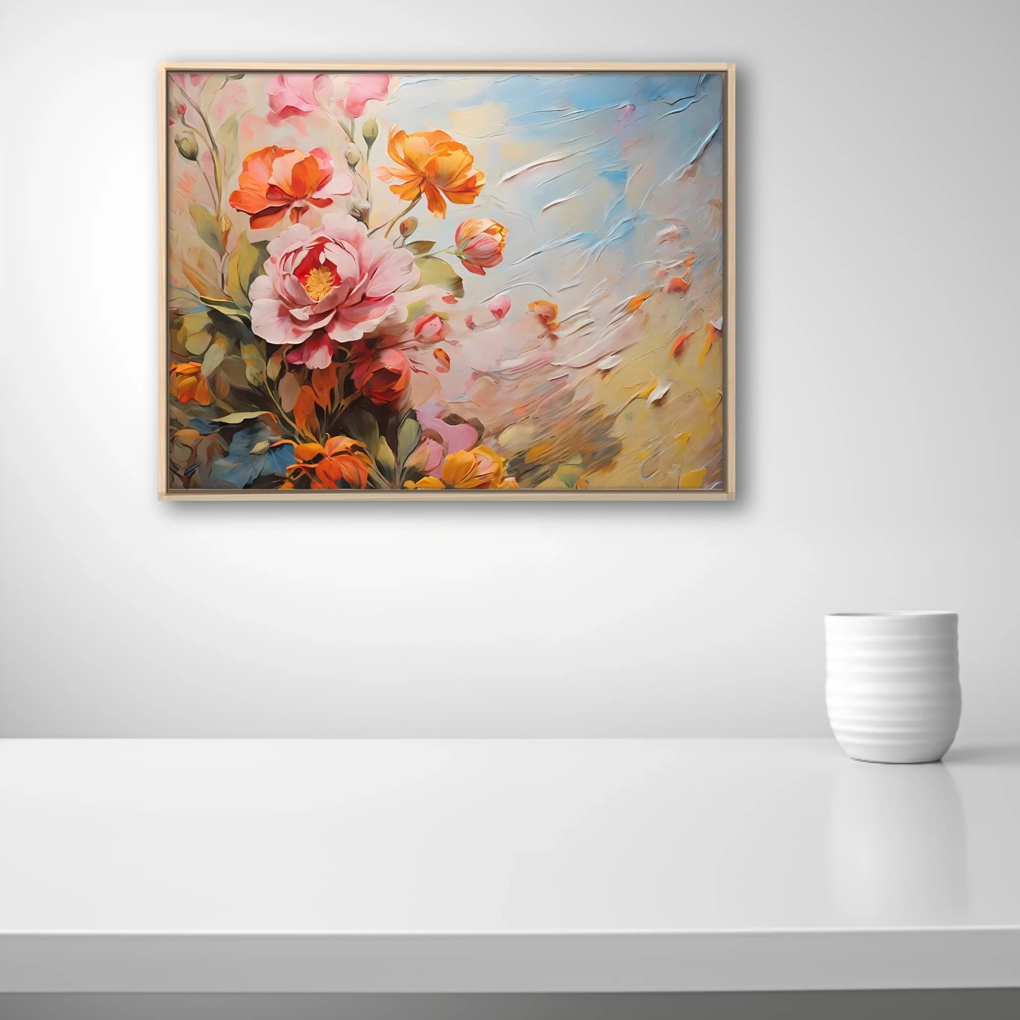 Painterly floral composition in coral, blush, and sky-blue with