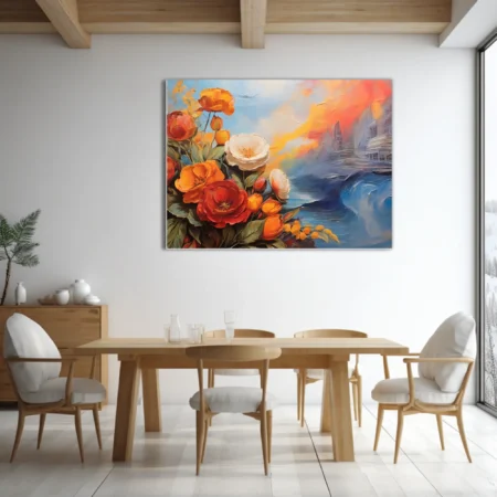 Bold floral bouquet with orange and red blooms against a swirling blue harbor and coral sky