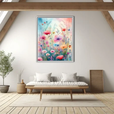 Watercolor-style wildflower meadow in soft pastel pinks, purples, and coral