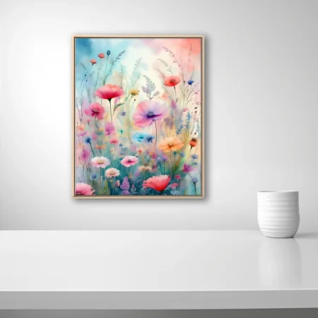 Watercolor-style wildflower meadow in soft pastel pinks, purples, and coral