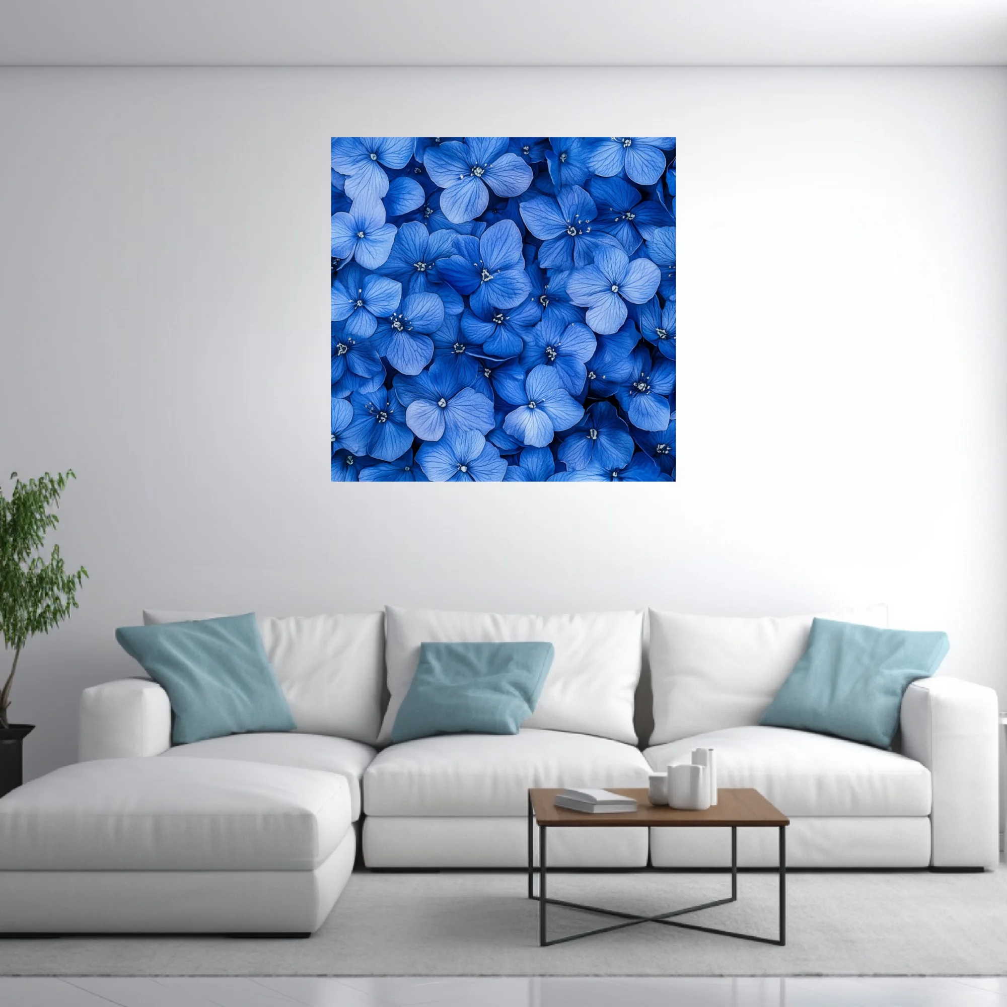 Blue hydrangea blooms wall art — dense cobalt floral print