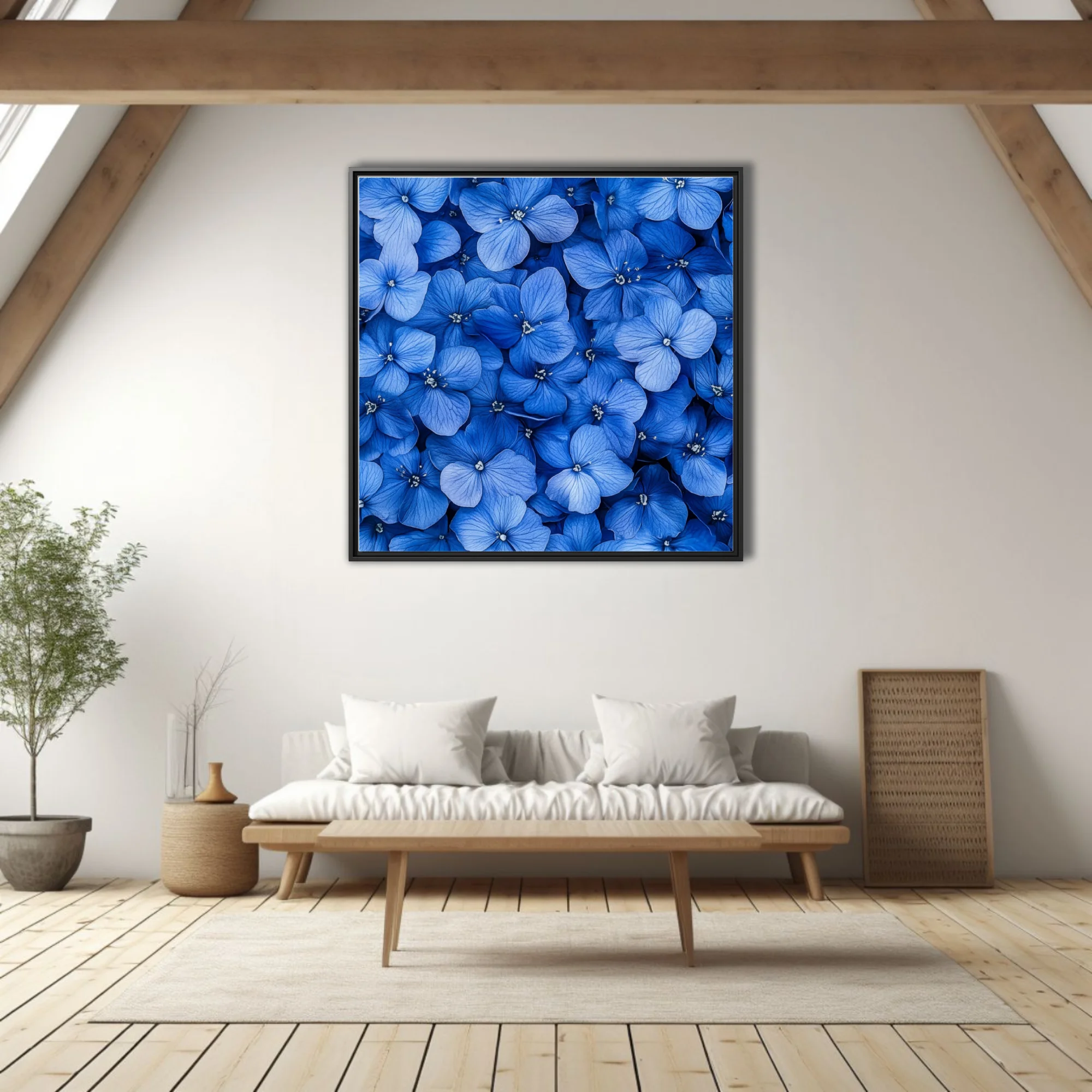 Blue hydrangea blooms wall art — dense cobalt floral print
