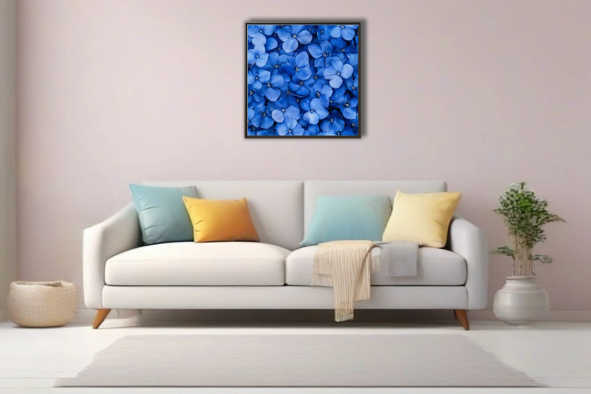 Blue hydrangea blooms wall art — dense cobalt floral print