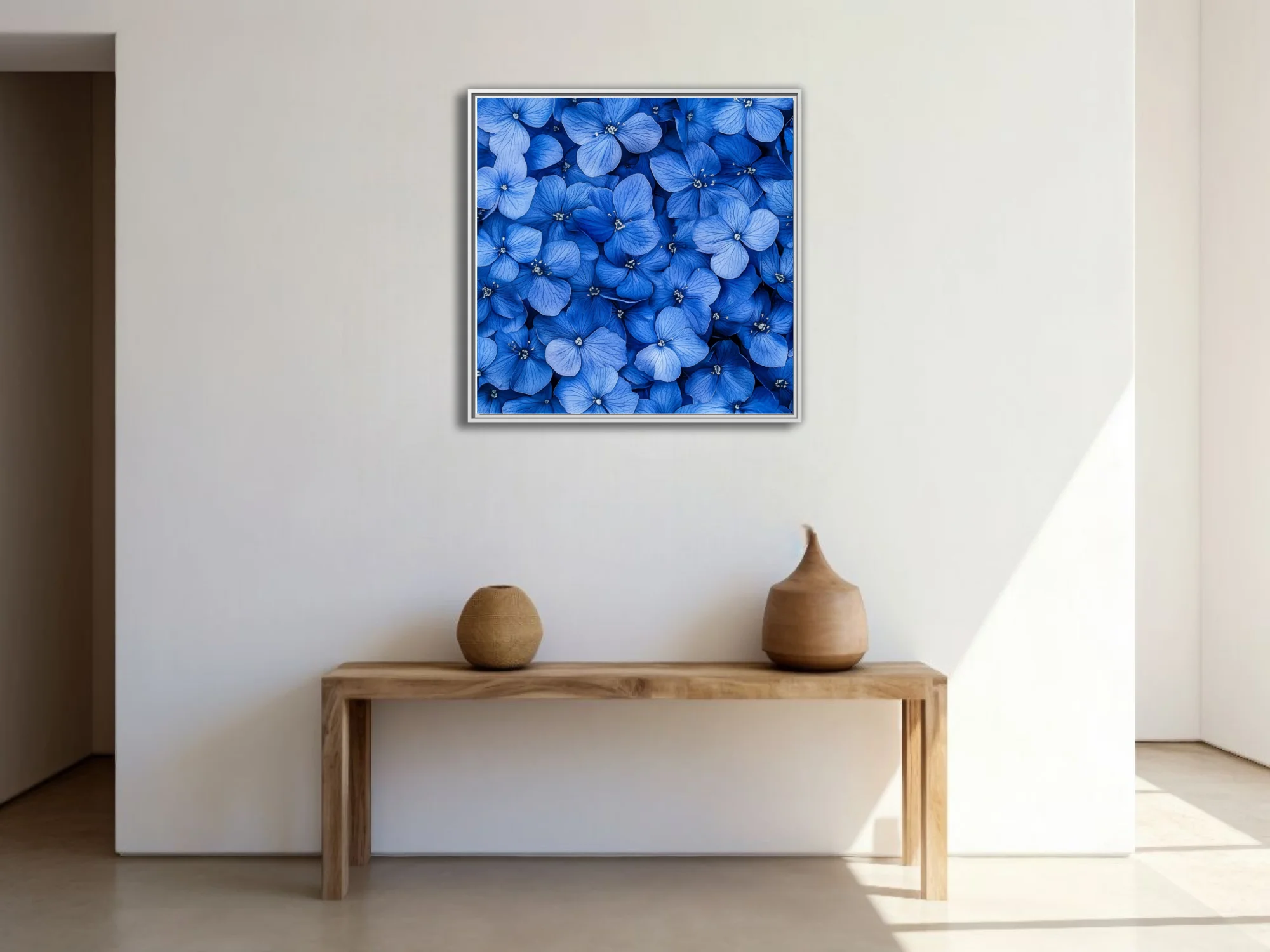 Blue hydrangea blooms wall art — dense cobalt floral print
