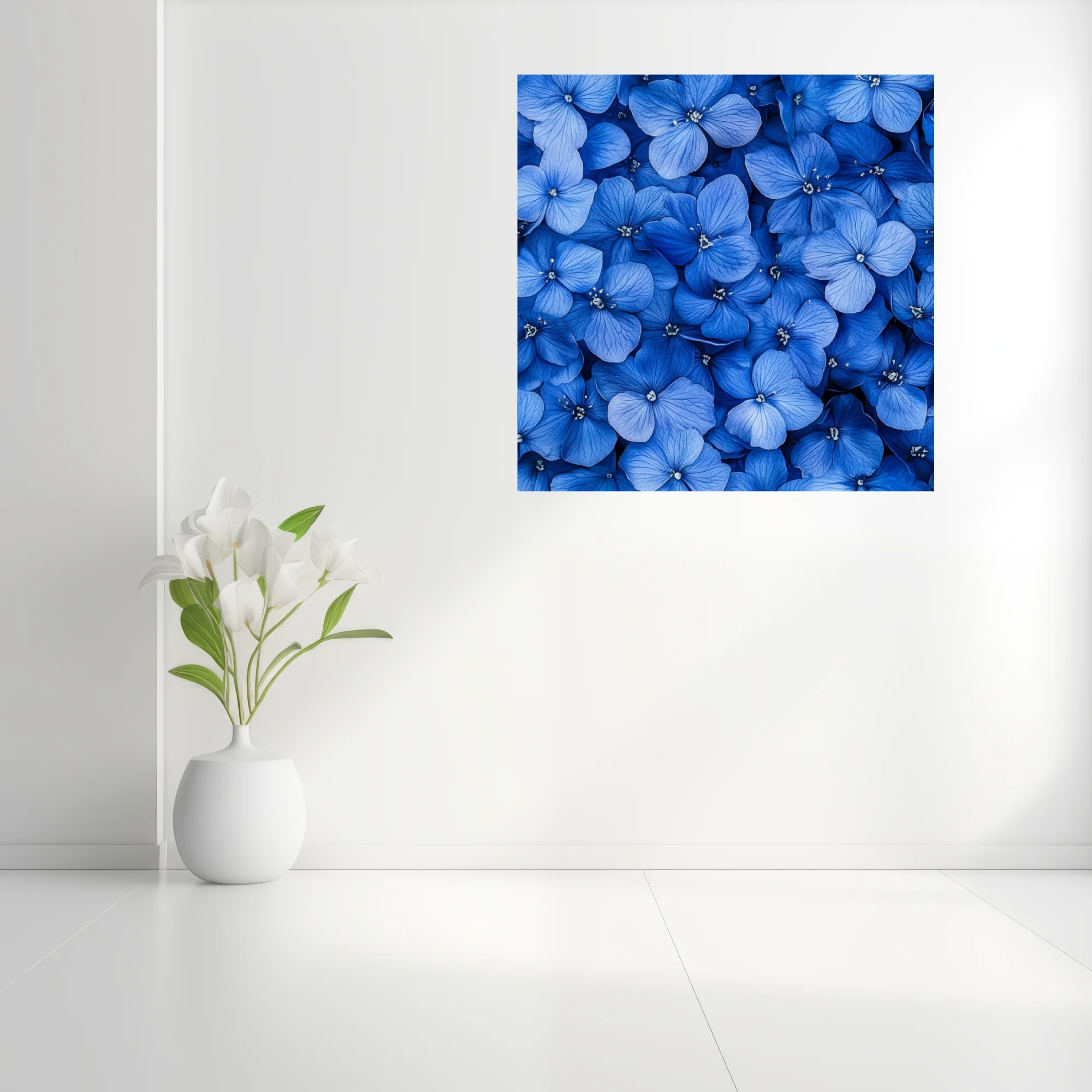 Blue hydrangea blooms wall art — dense cobalt floral print