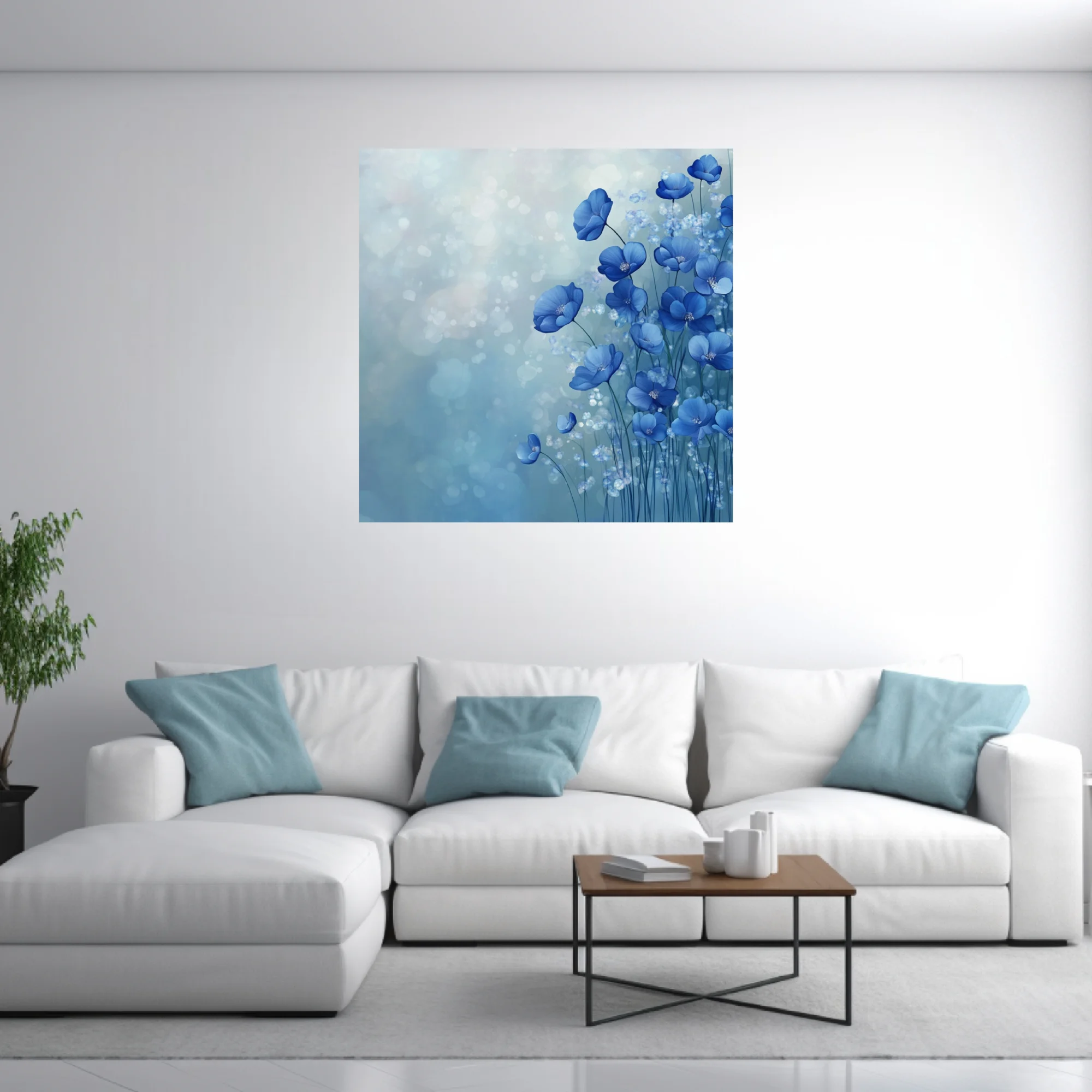 Abstract blue floral wall art with bokeh effect and painterly petal forms