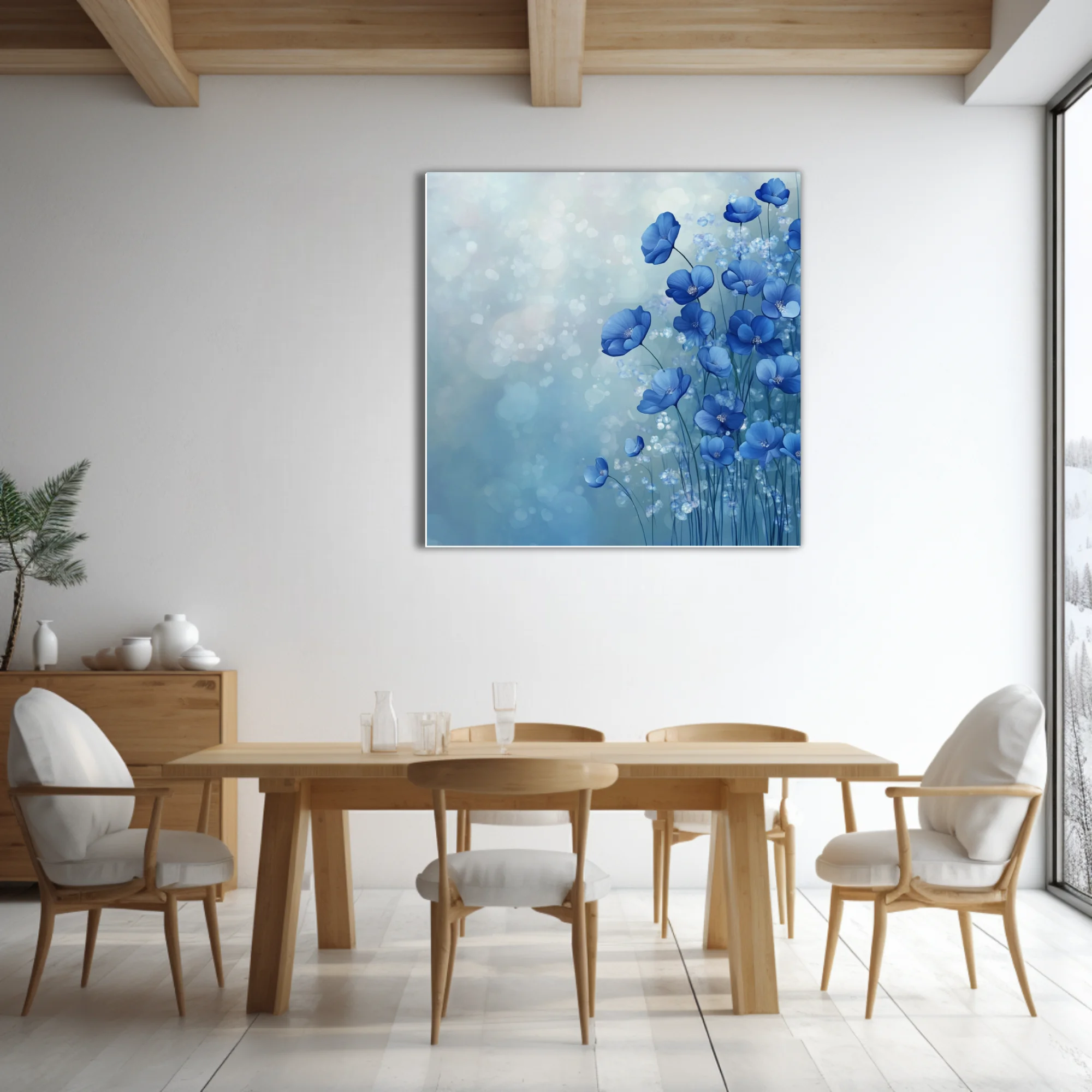 Abstract blue floral wall art with bokeh effect and painterly petal forms