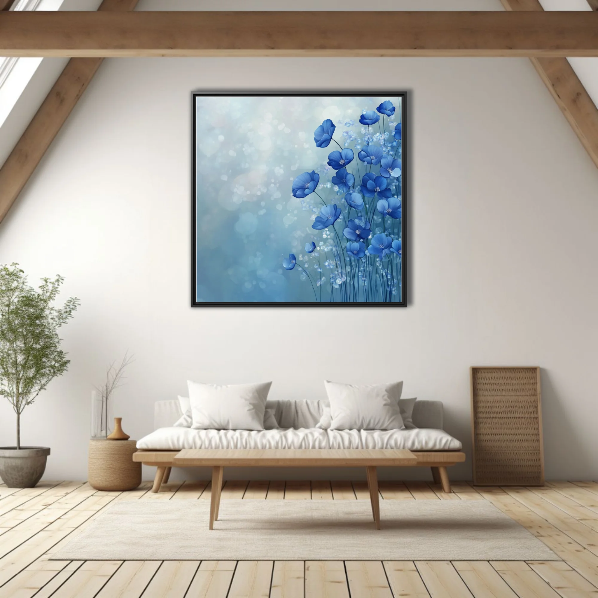 Abstract blue floral wall art with bokeh effect and painterly petal forms