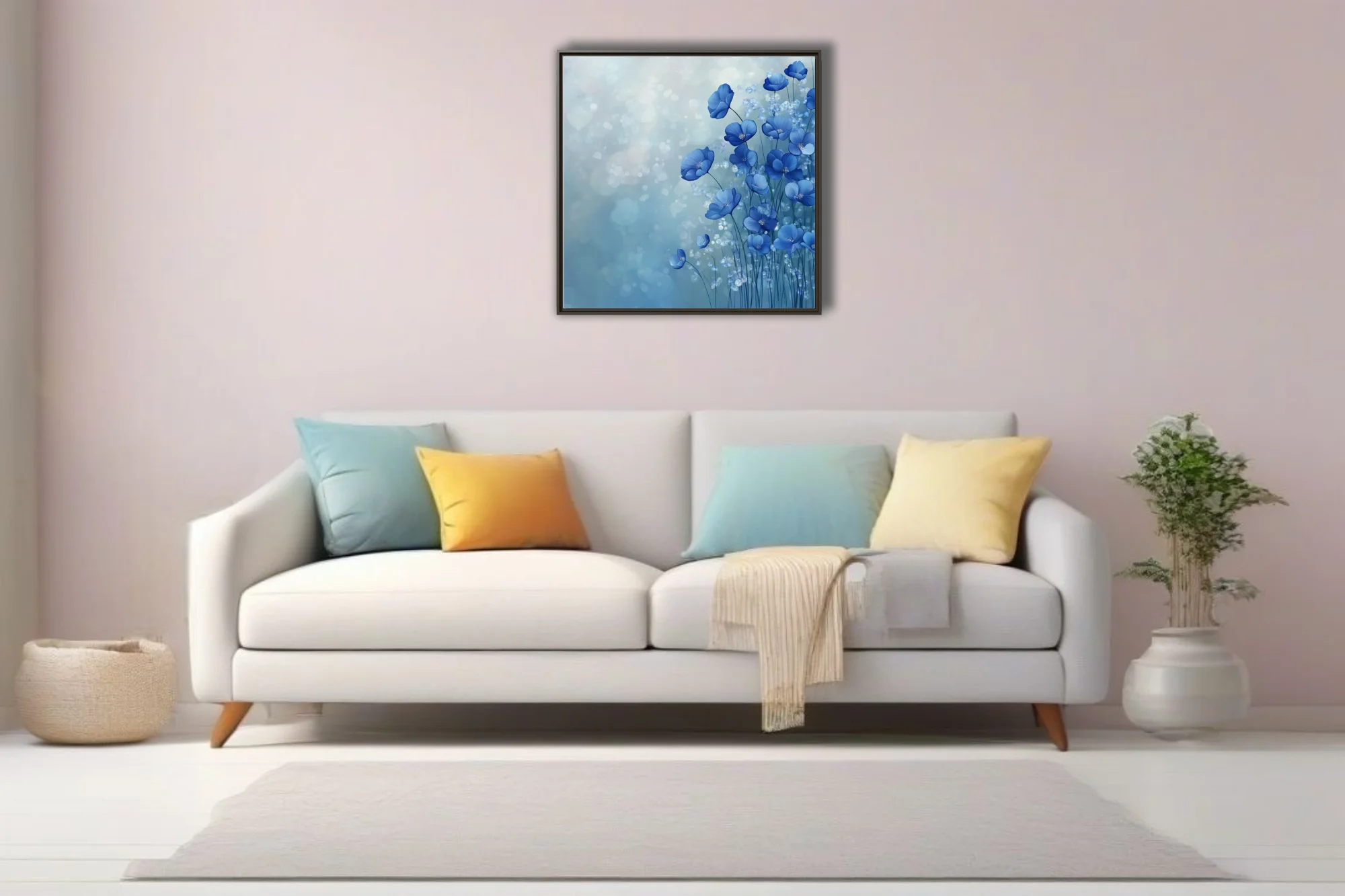 Abstract blue floral wall art with bokeh effect and painterly petal forms