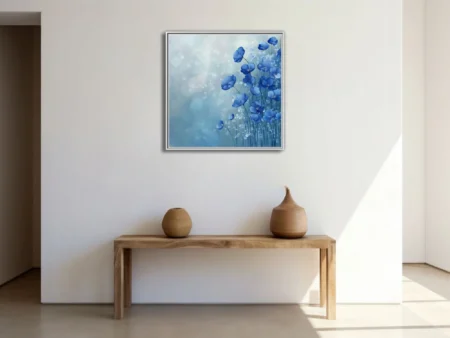 Abstract blue floral wall art with bokeh effect and painterly petal forms