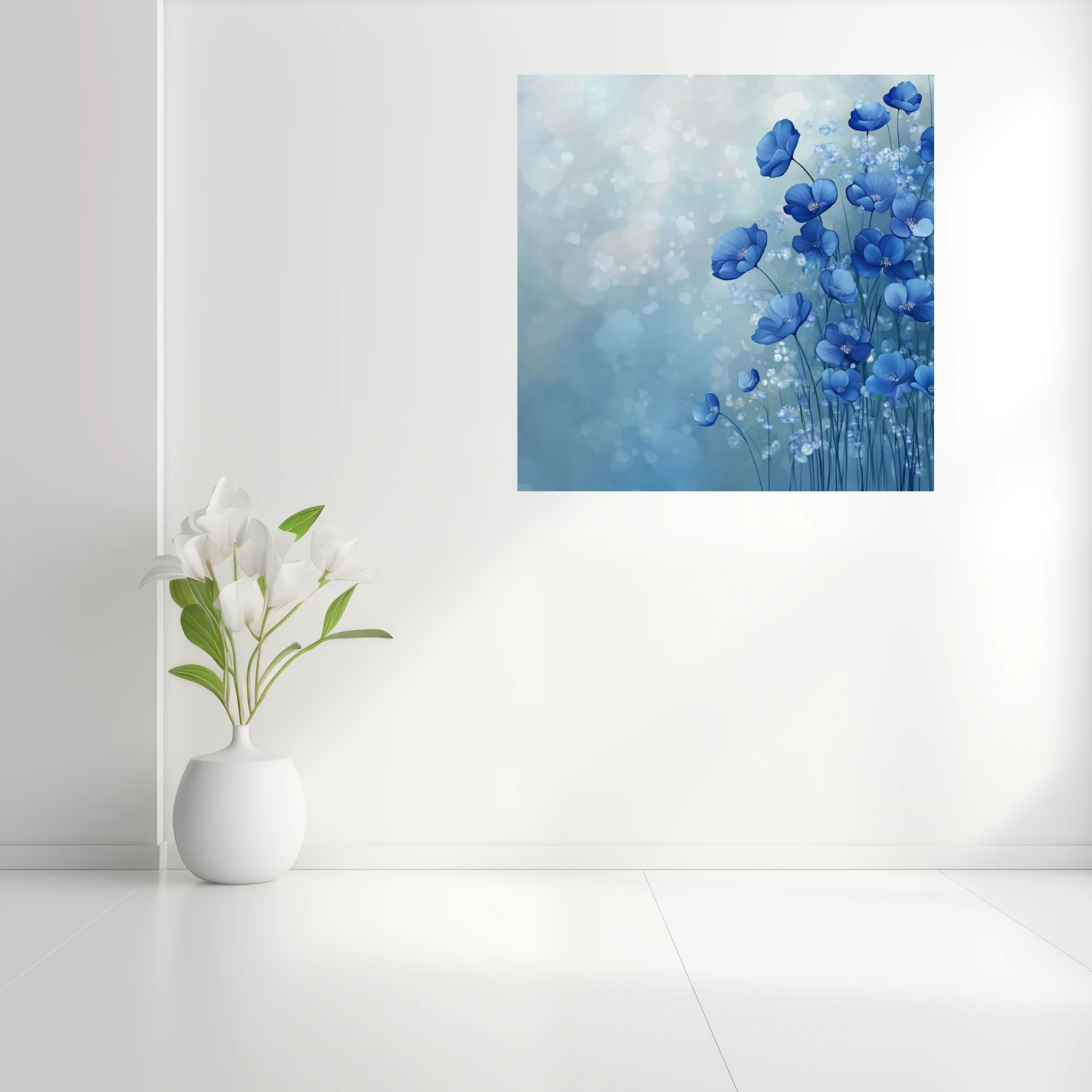 Abstract blue floral wall art with bokeh effect and painterly petal forms
