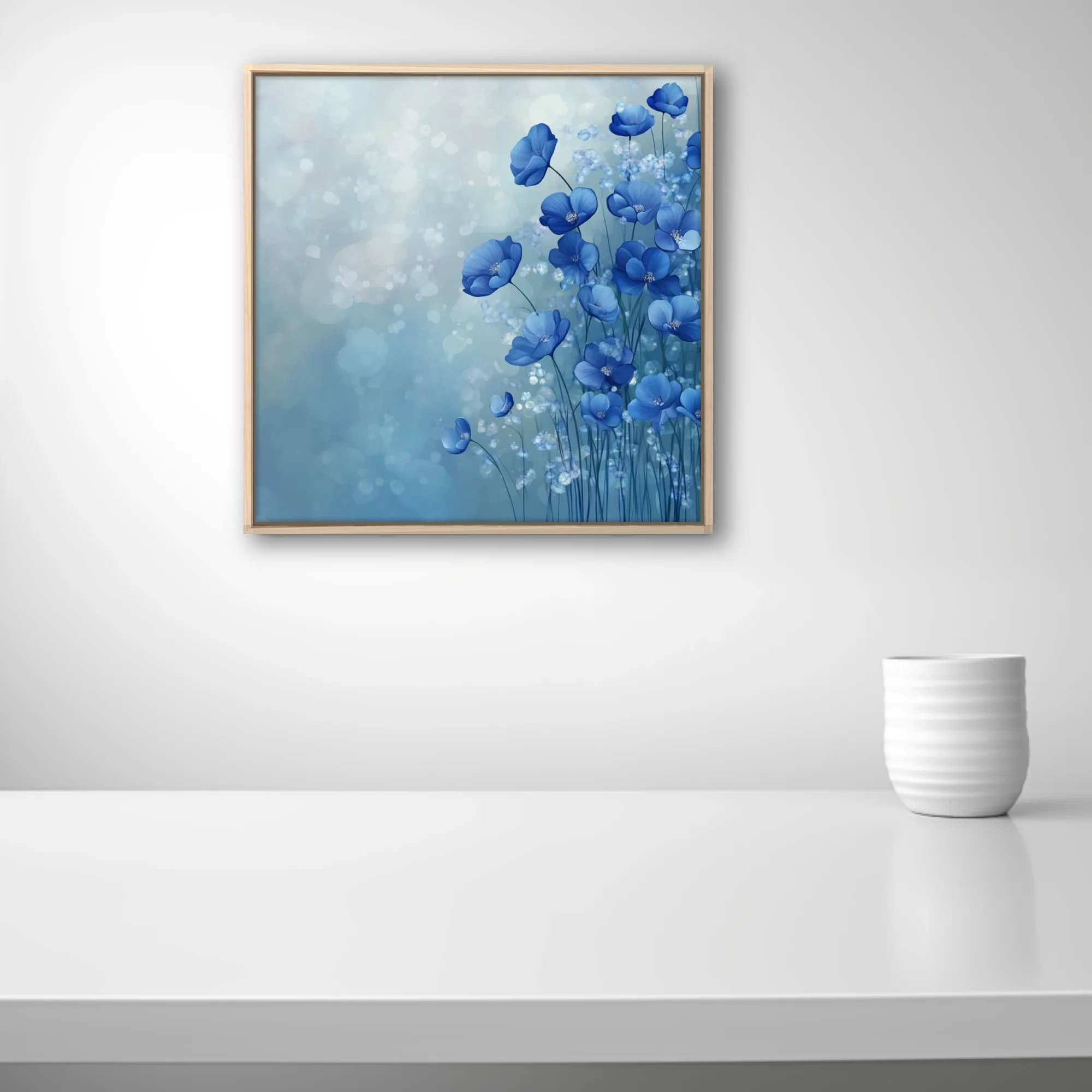 Abstract blue floral wall art with bokeh effect and painterly petal forms